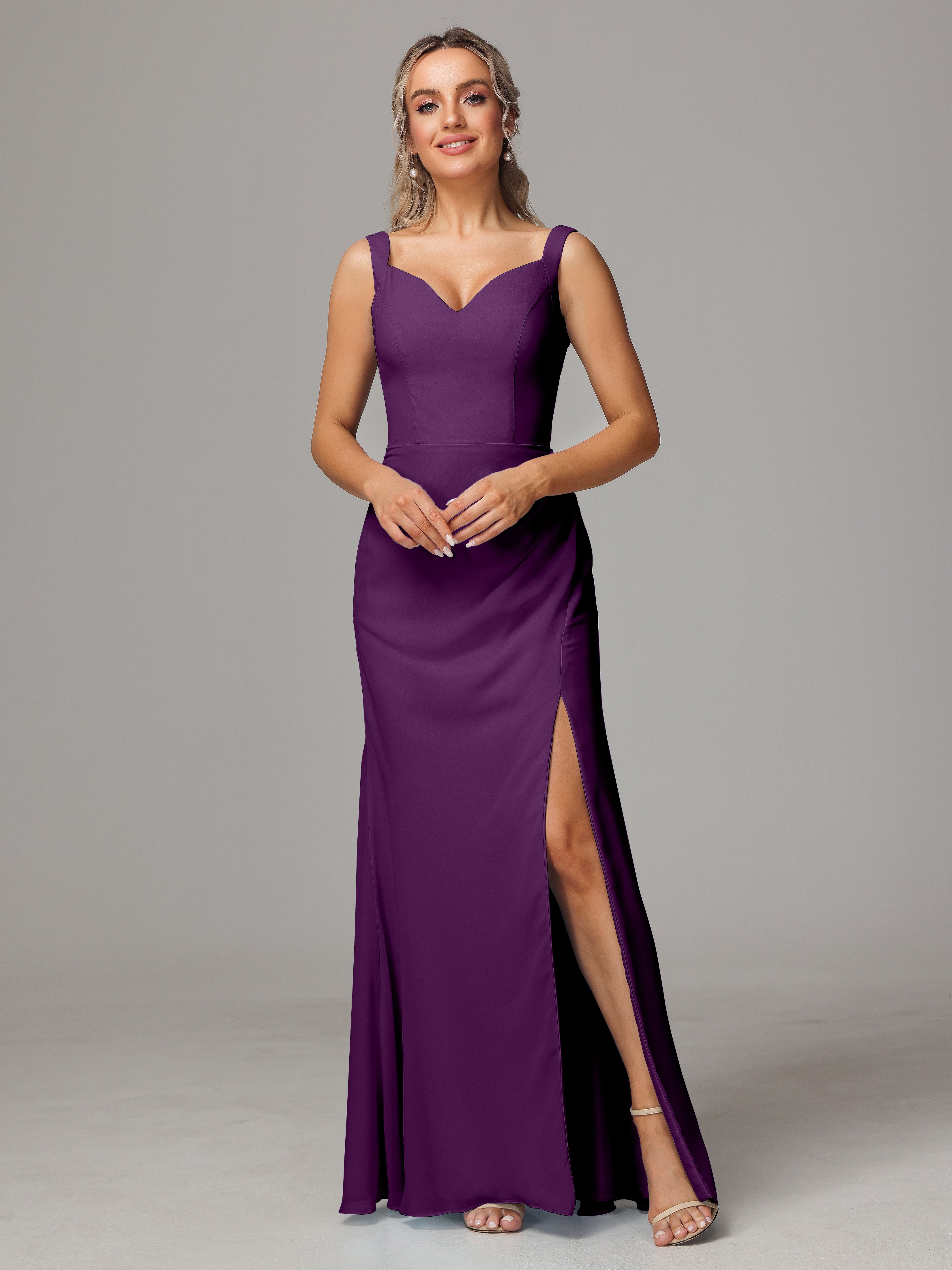 Robes De Demoiselle D'Honneur En Raisin Dos V Fendue Devant Mousseline Robe Demoiselle D'Honneur