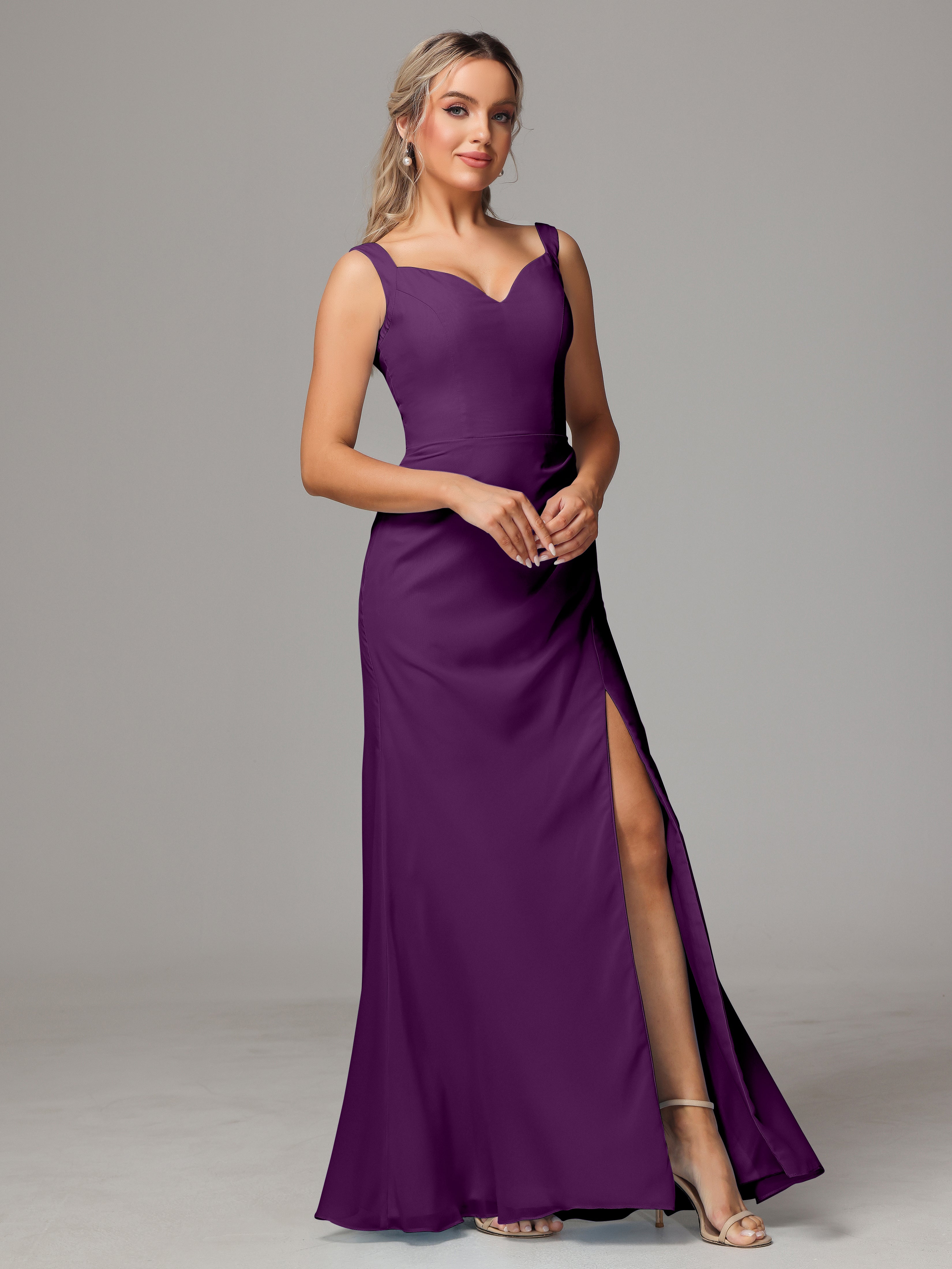 Robes De Demoiselle D'Honneur En Raisin Dos V Fendue Devant Mousseline Robe Demoiselle D'Honneur