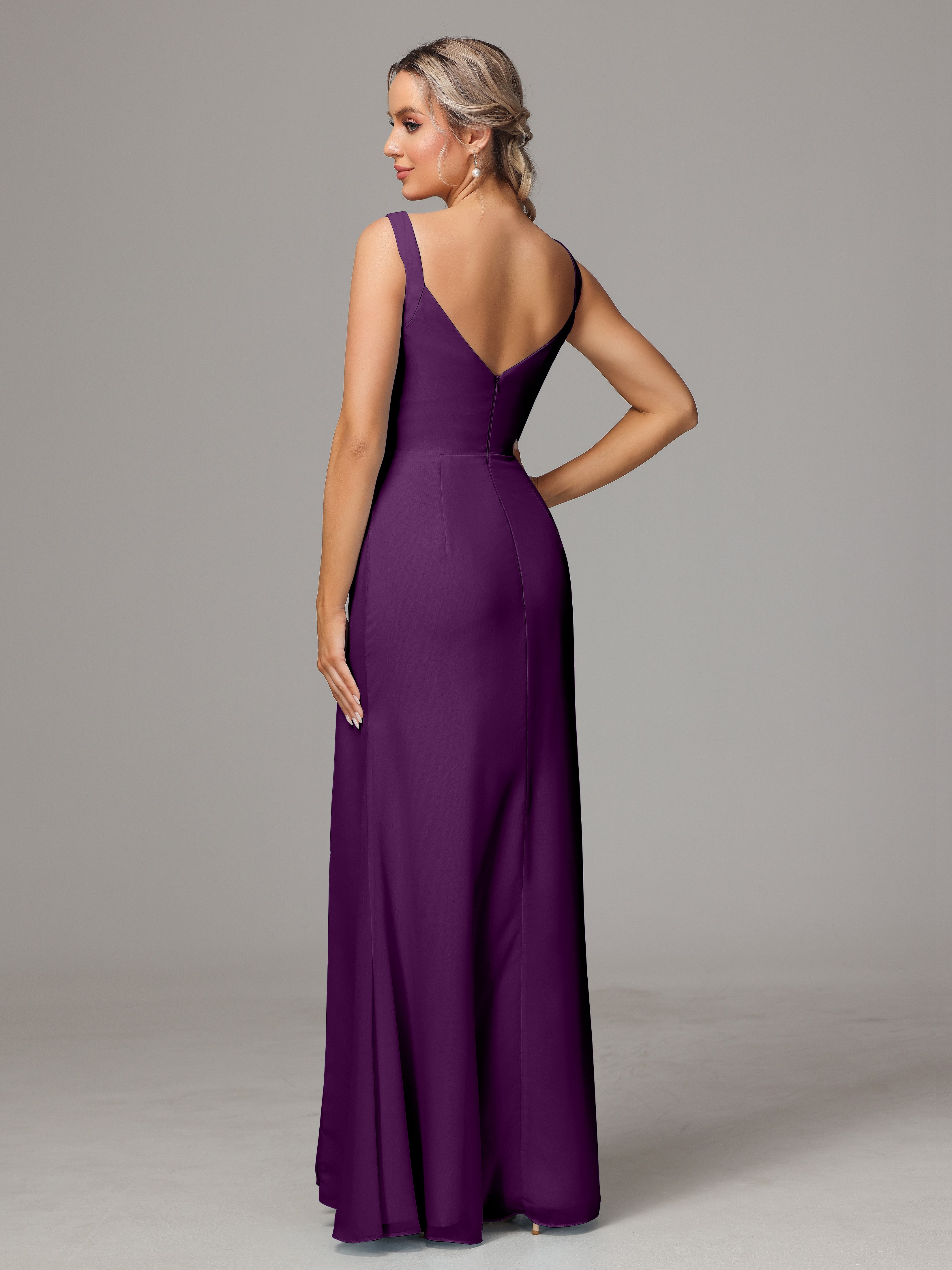 Robes De Demoiselle D'Honneur En Raisin Dos V Fendue Devant Mousseline Robe Demoiselle D'Honneur