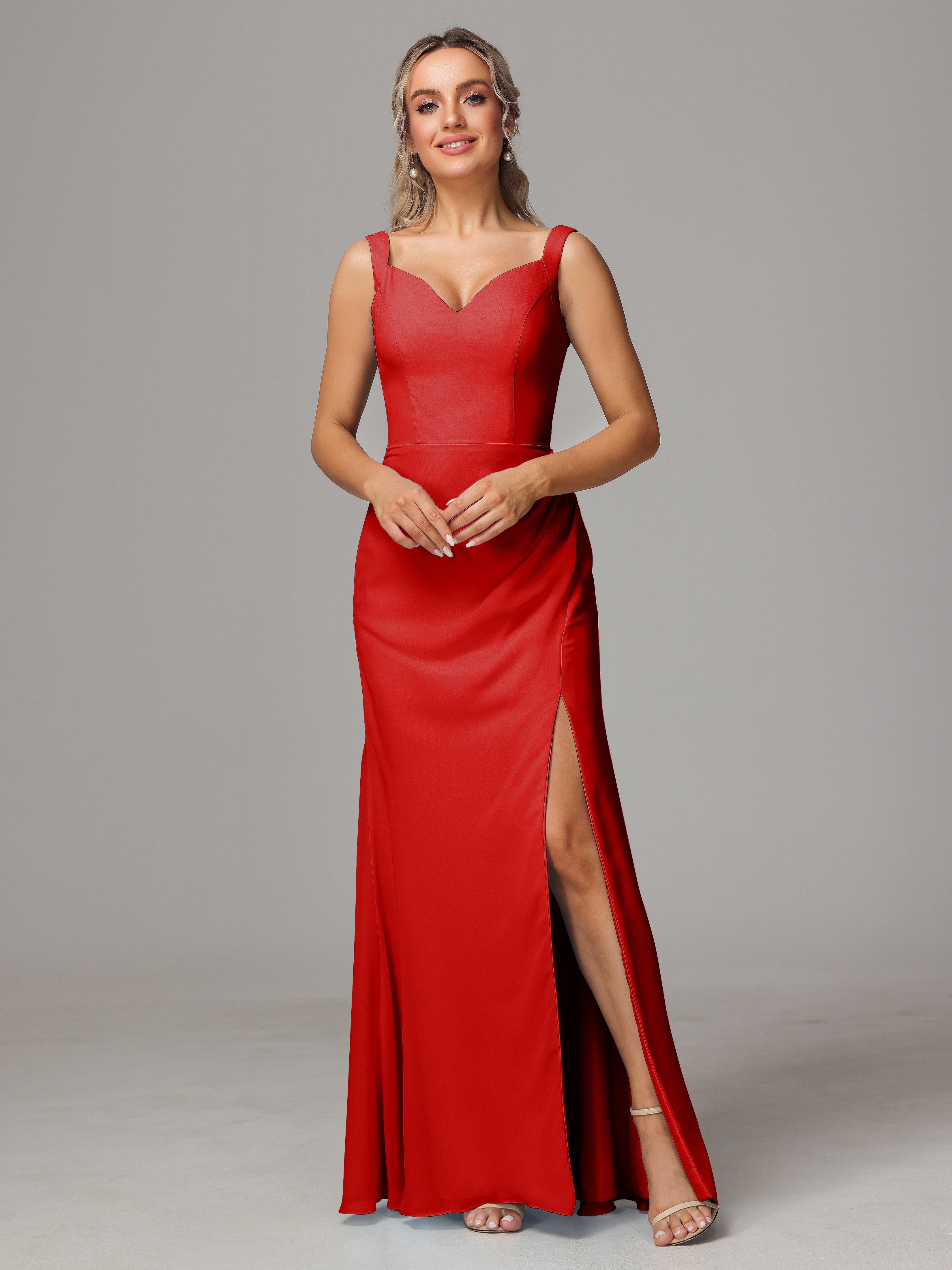 Mariage Robe Demoiselle D Honneur Rouge Dos V Fendue Devant Mousseline Robe Demoiselle D'Honneur