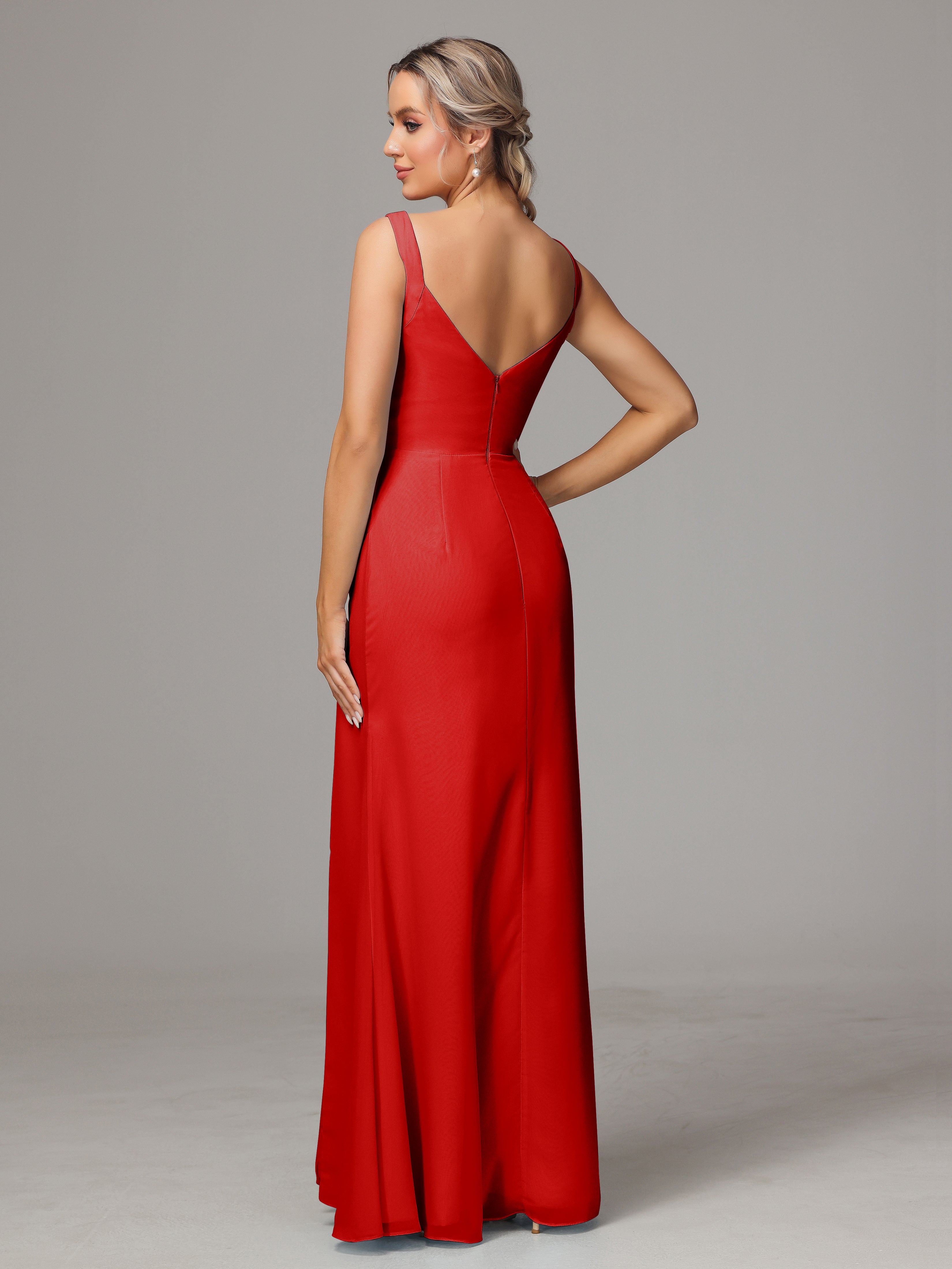 Mariage Robe Demoiselle D Honneur Rouge Dos V Fendue Devant Mousseline Robe Demoiselle D'Honneur