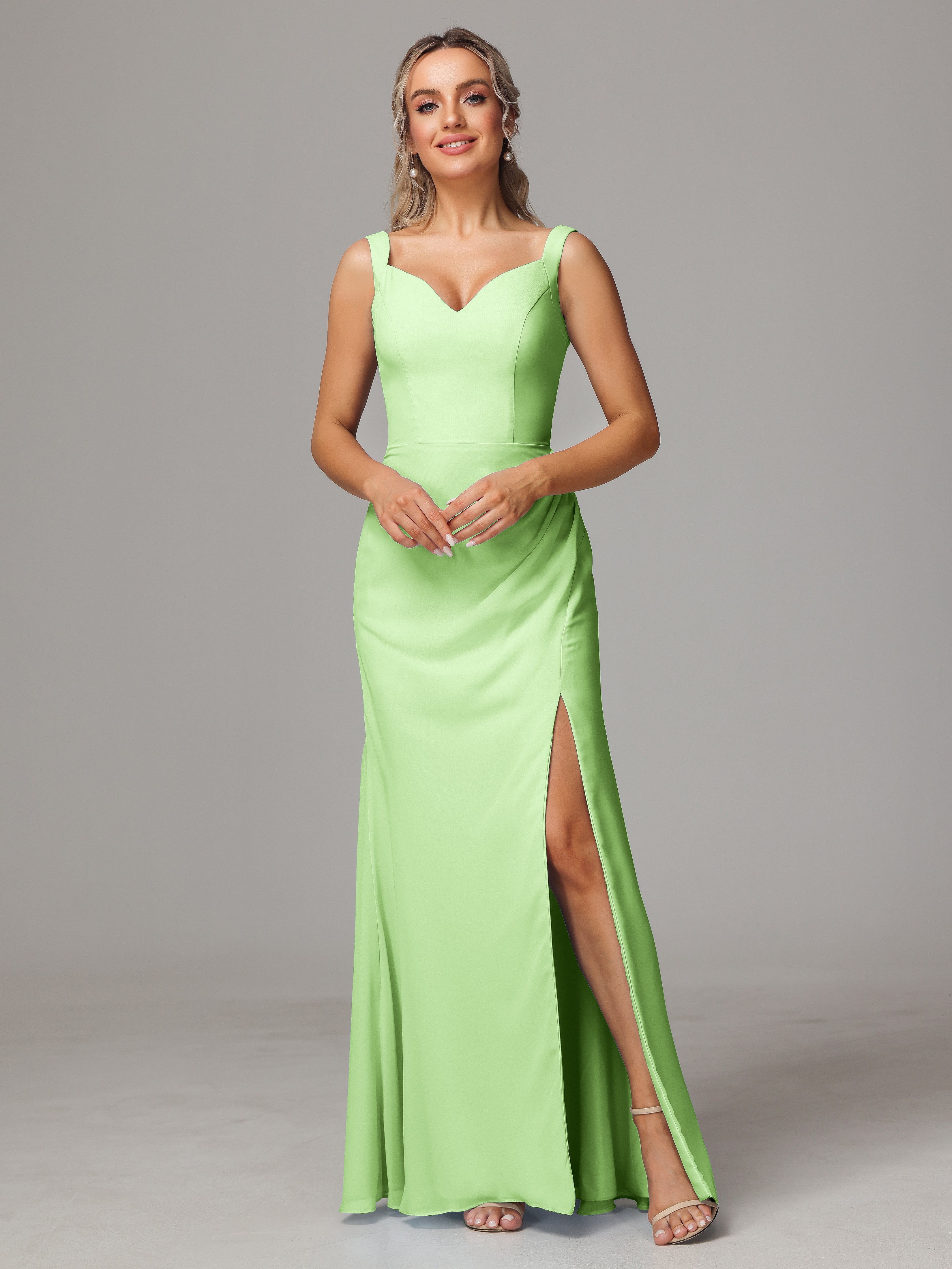 Robe Verte Sauge Demoiselle D Honneur Dos V Fendue Devant Mousseline Robe Demoiselle D'Honneur