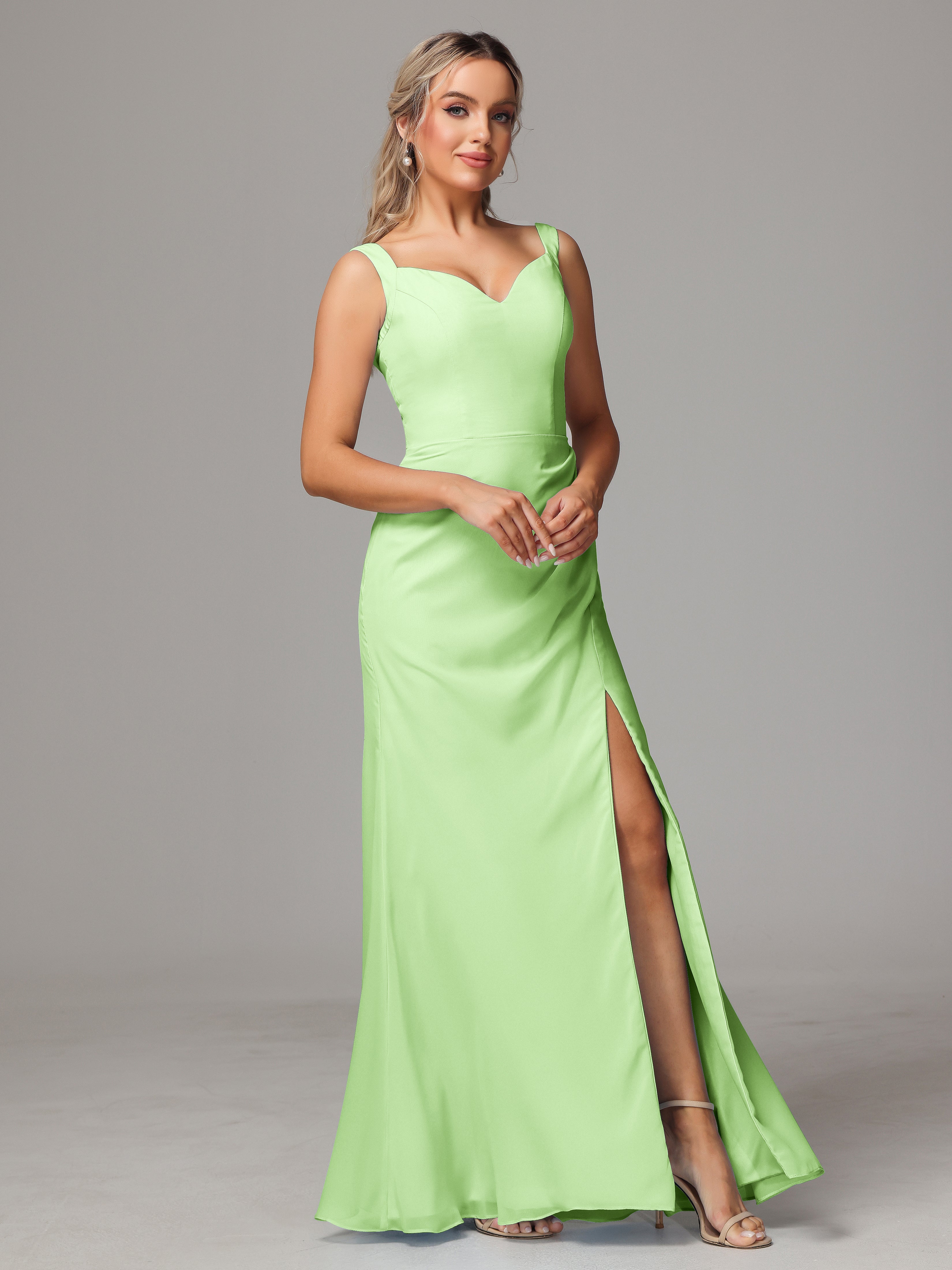 Robe Verte Sauge Demoiselle D Honneur Dos V Fendue Devant Mousseline Robe Demoiselle D'Honneur