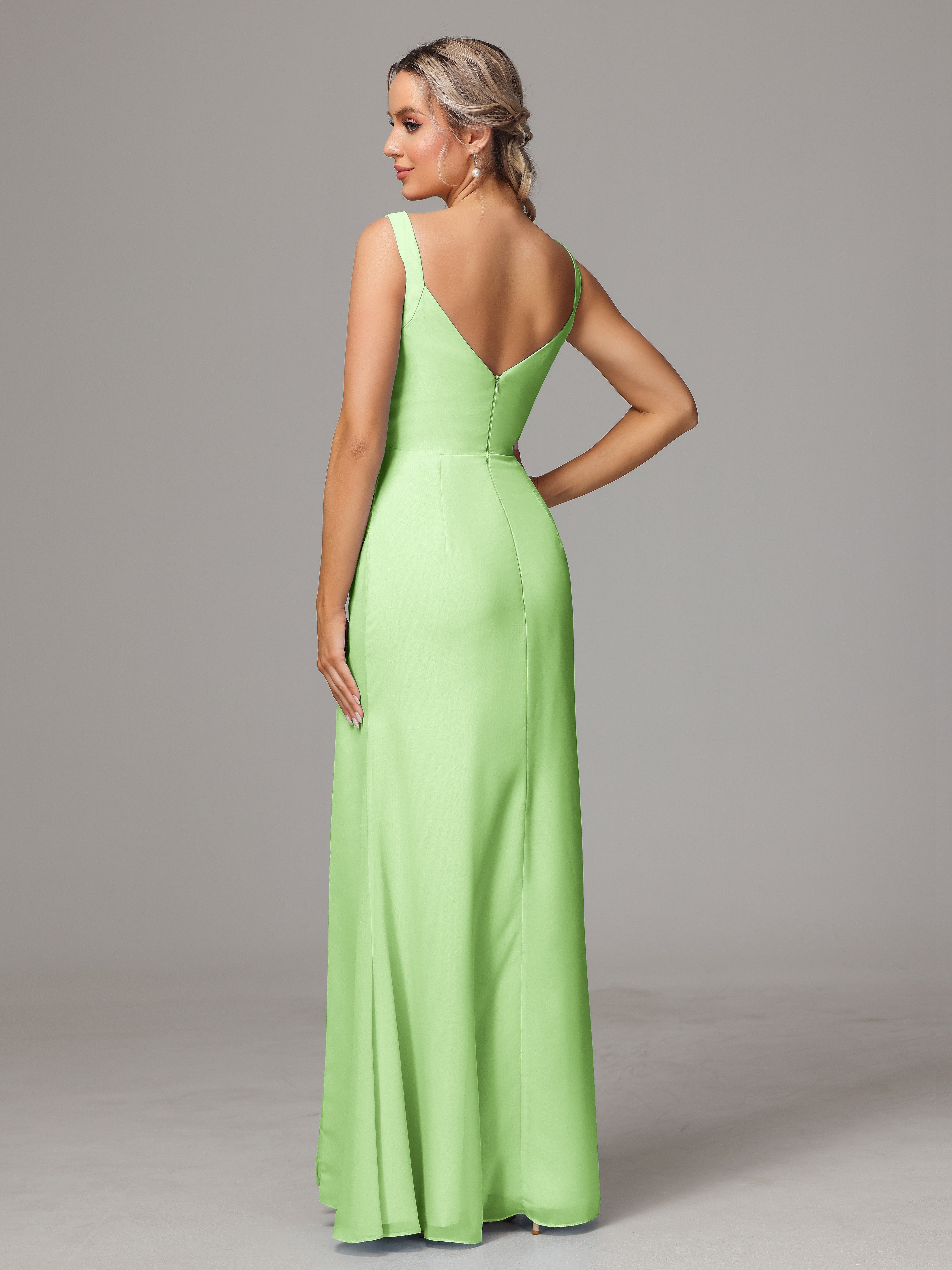 Robe Verte Sauge Demoiselle D Honneur Dos V Fendue Devant Mousseline Robe Demoiselle D'Honneur