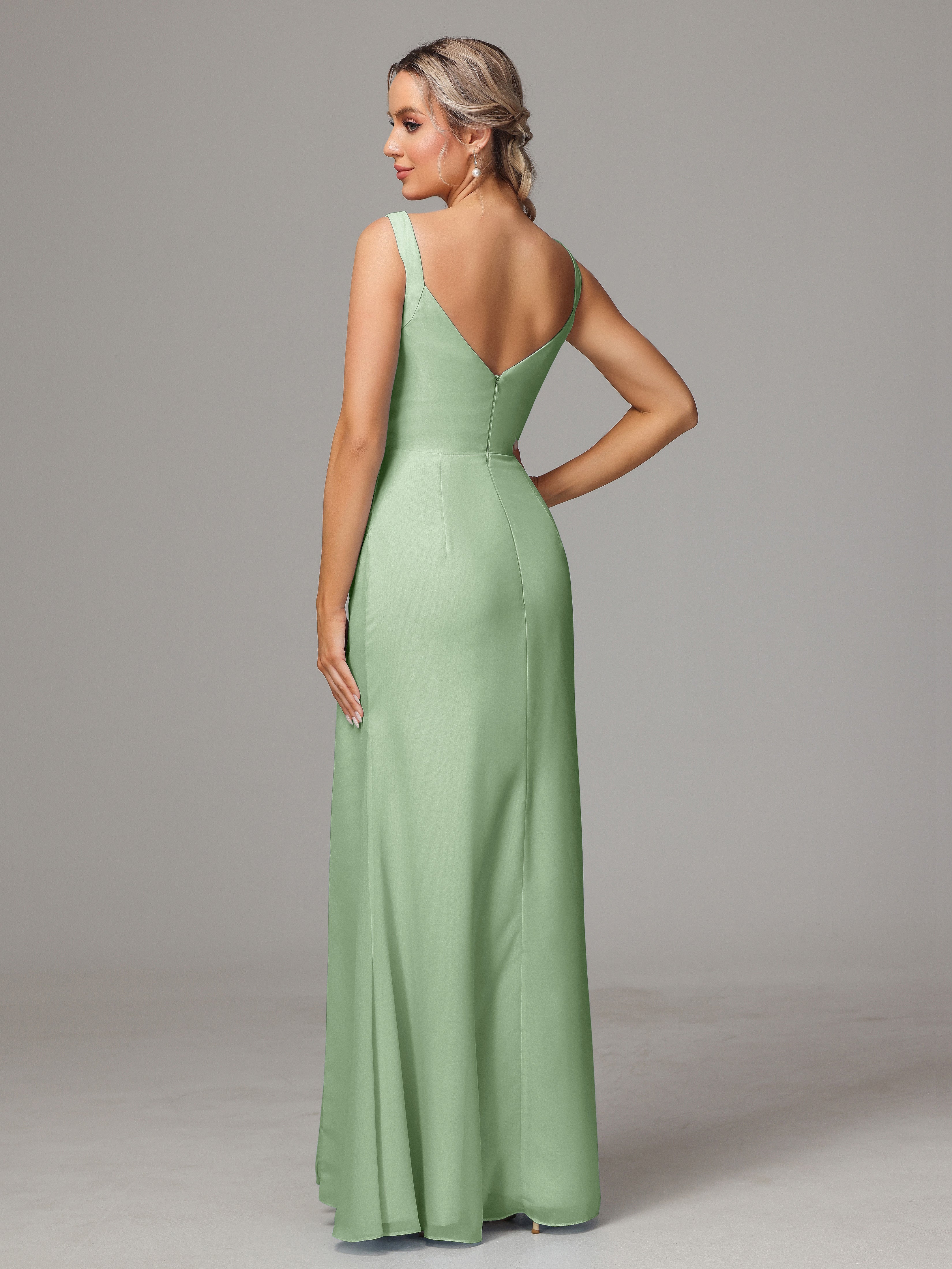 Robe Demoiselle D Honneur Sauge Poudrée Dos V Fendue Devant Mousseline Robe Demoiselle D'Honneur