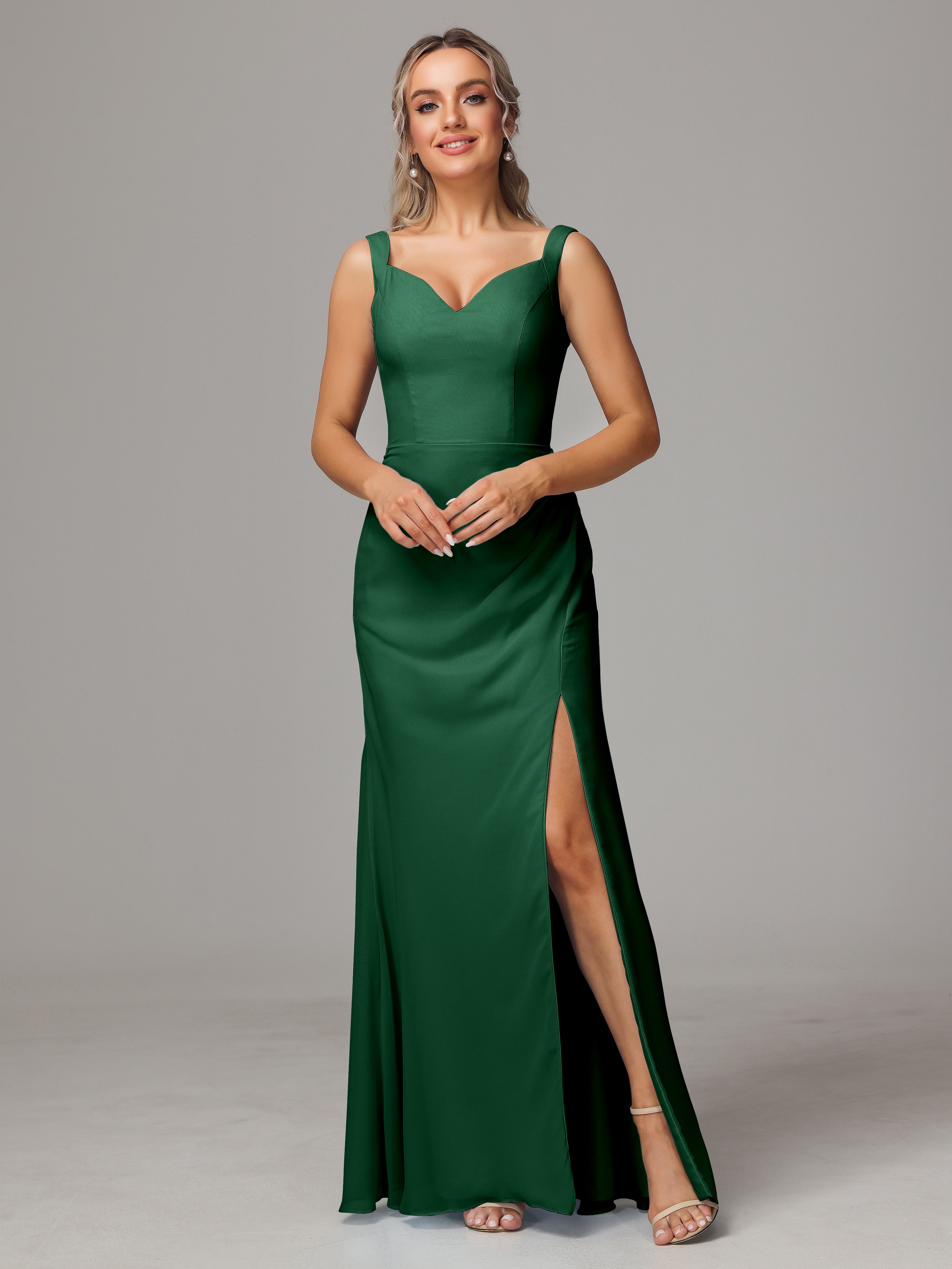 Robes De Demoiselle D'Honneur Vert Foncé Dos V Fendue Devant Mousseline Robe Demoiselle D'Honneur