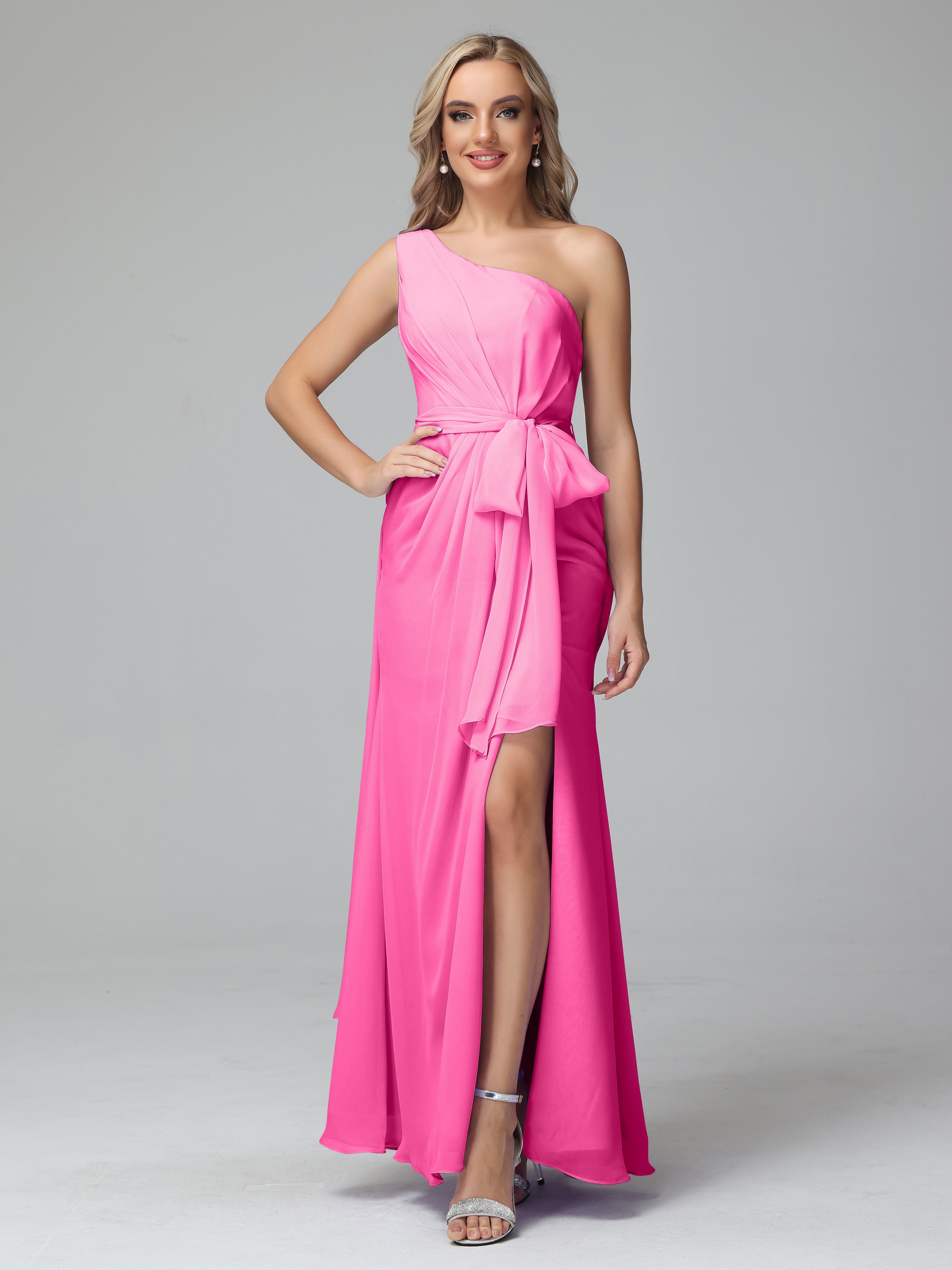 Robe Demoiselle D Honneur Azalée Trapèze Décolleté Asymétrique Mousseline Robe De Demoiselle D'Honneur Avec Plissé