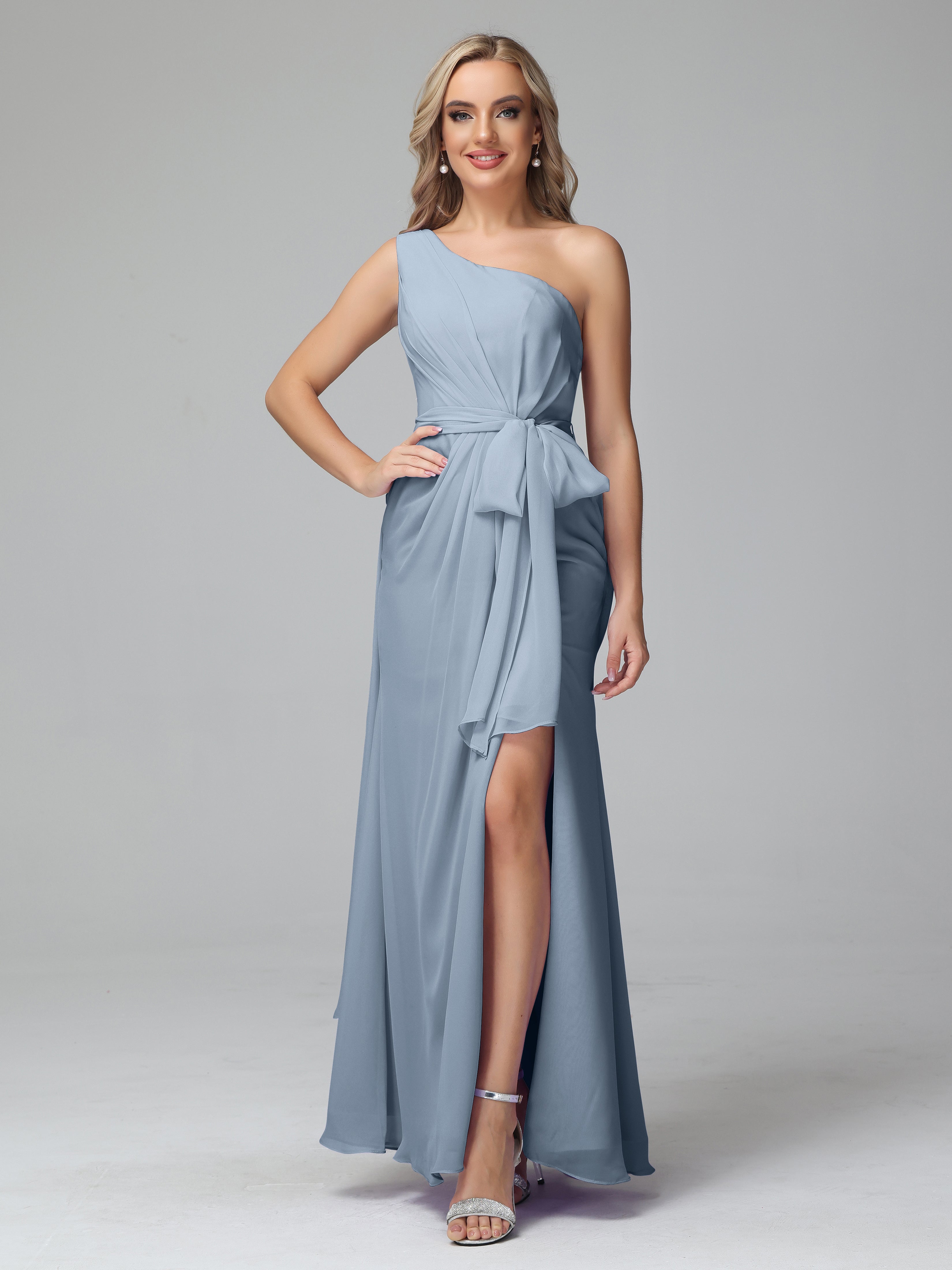 Robes De Demoiselle D'Honneur Bleu Poudre Trapèze Décolleté Asymétrique Mousseline Robe De Demoiselle D'Honneur Avec Plissé