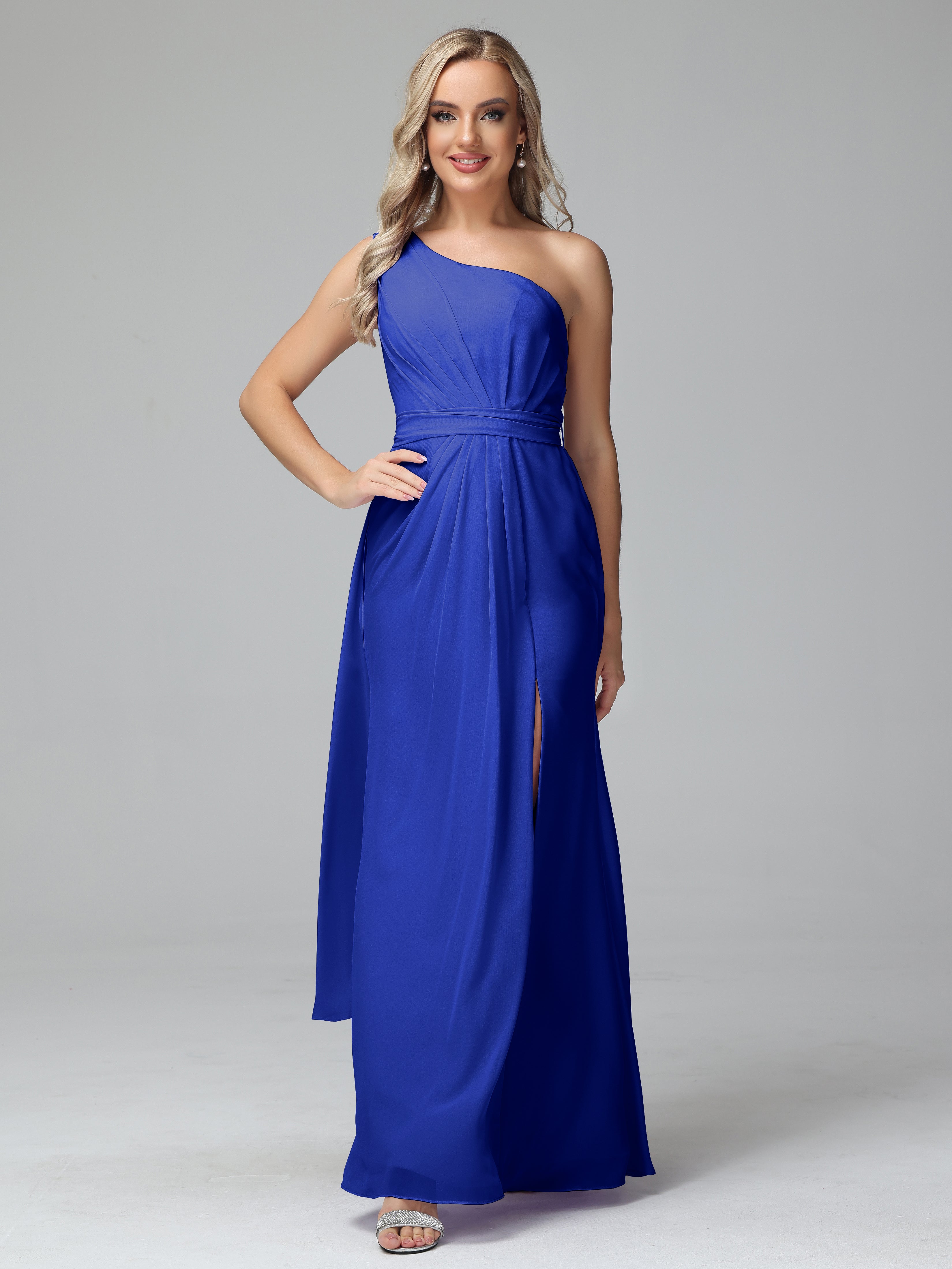 Robe Demoiselle D Honneur Bleue Roi Trapèze Décolleté Asymétrique Mousseline Robe De Demoiselle D'Honneur Avec Plissé