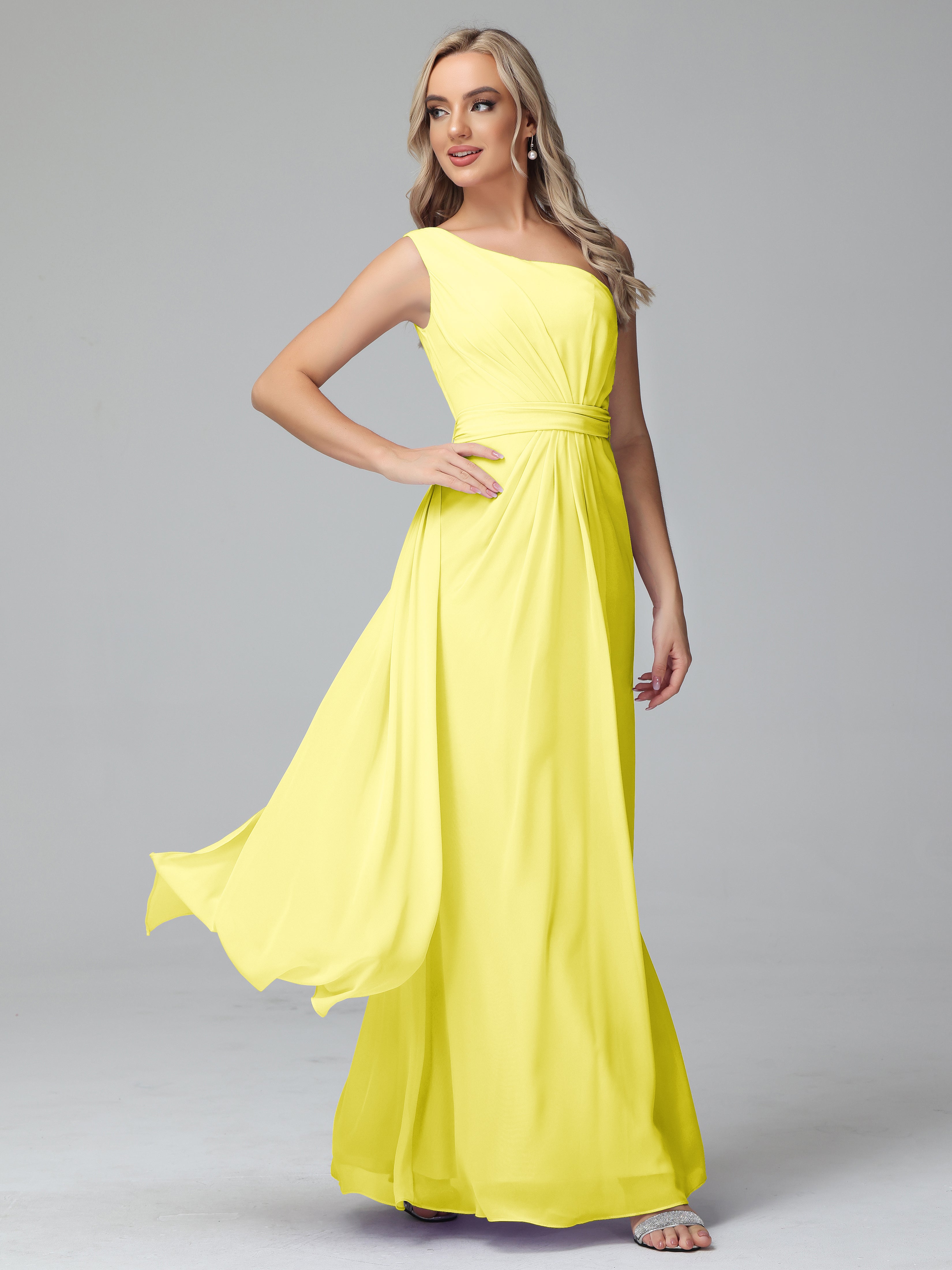 Robes De Demoiselle D'Honneur Citron Trapèze Décolleté Asymétrique Mousseline Robe De Demoiselle D'Honneur Avec Plissé