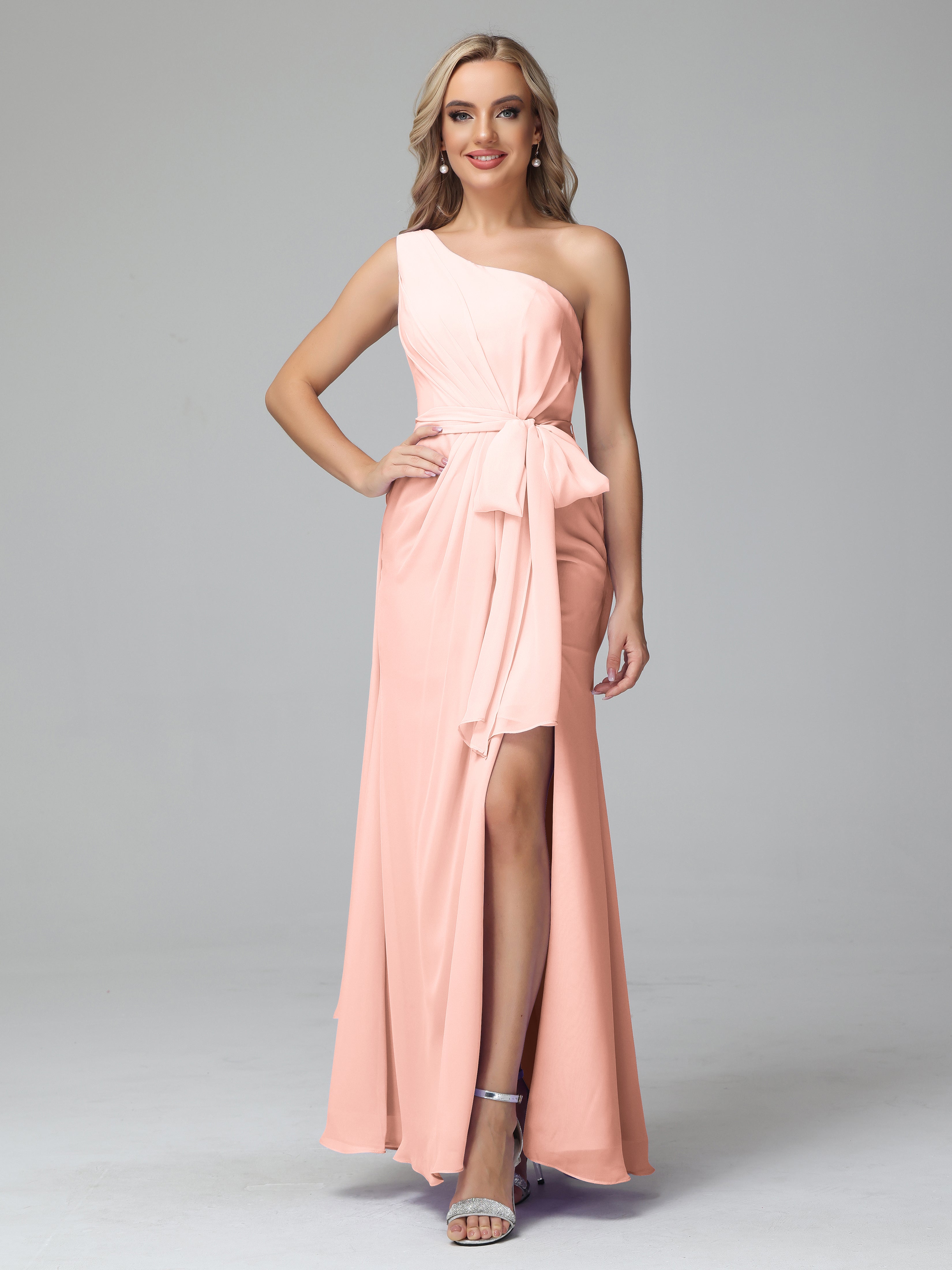 Demoiselle D Honneur Robe Corail Trapèze Décolleté Asymétrique Mousseline Robe De Demoiselle D'Honneur Avec Plissé