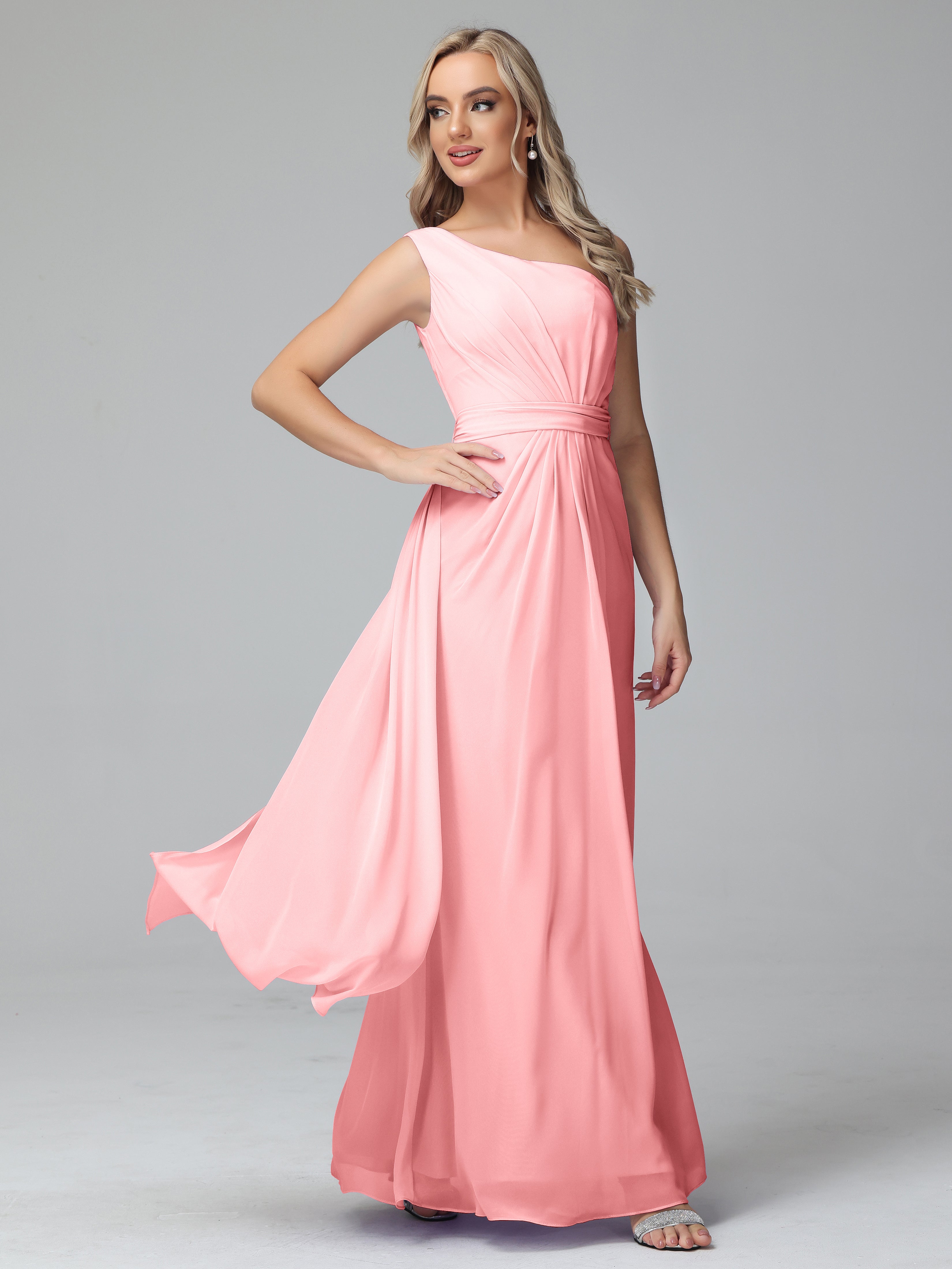 Robes De Demoiselle D'Honneur Flamant Trapèze Décolleté Asymétrique Mousseline Robe De Demoiselle D'Honneur Avec Plissé