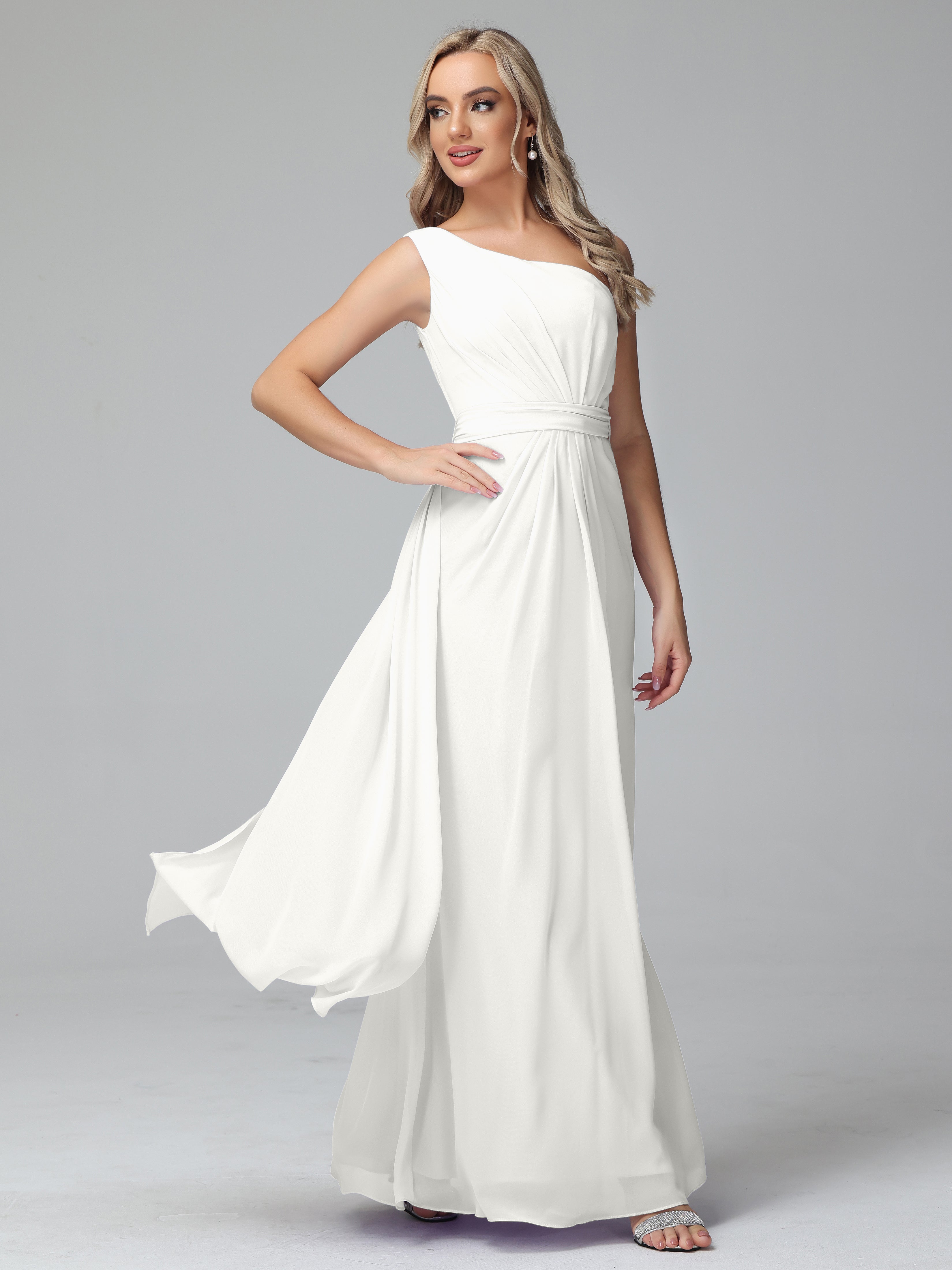 Robes De Demoiselle D'Honneur Ivoire Trapèze Décolleté Asymétrique Mousseline Robe De Demoiselle D'Honneur Avec Plissé