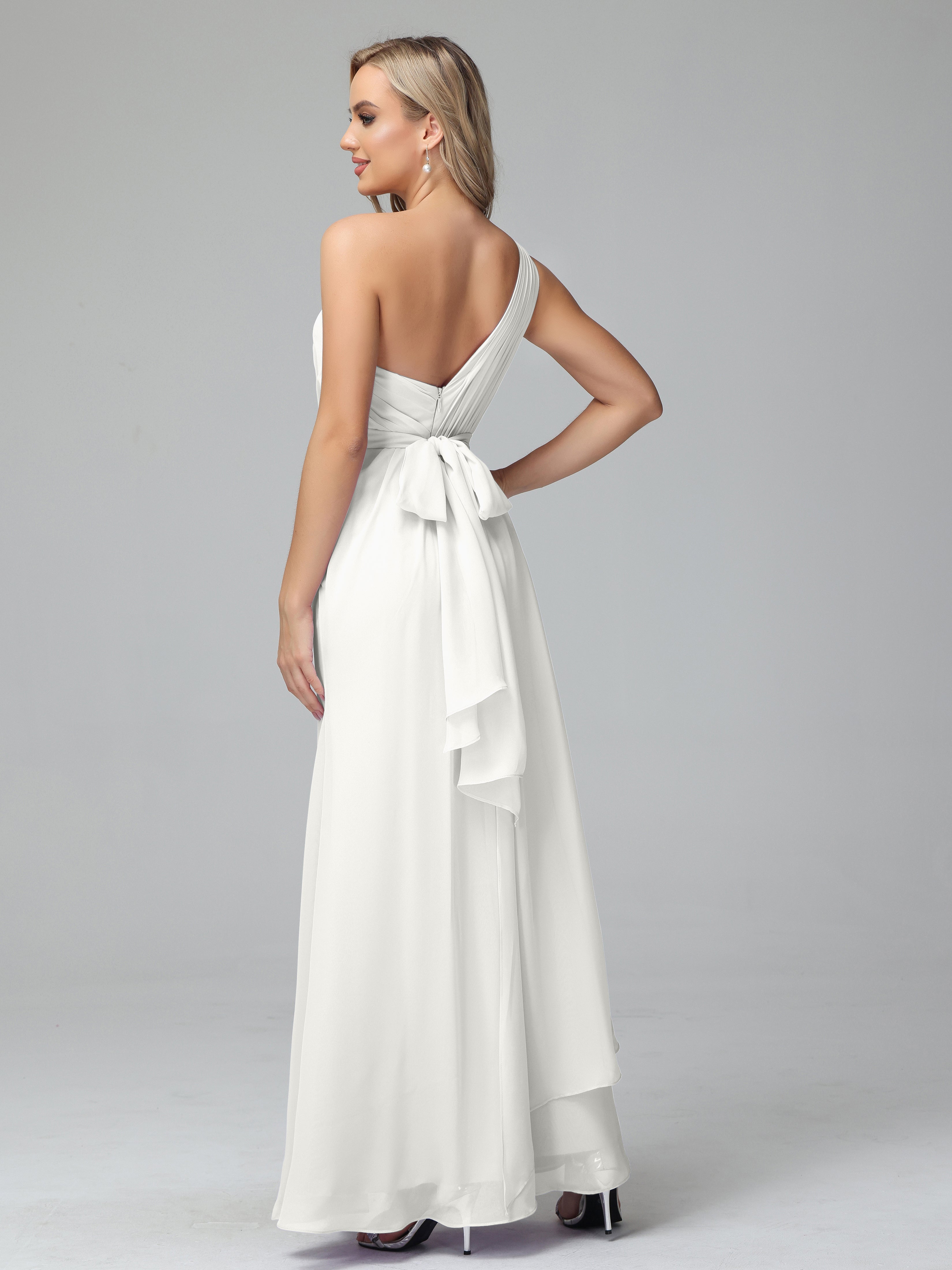 Robes De Demoiselle D'Honneur Ivoire Trapèze Décolleté Asymétrique Mousseline Robe De Demoiselle D'Honneur Avec Plissé