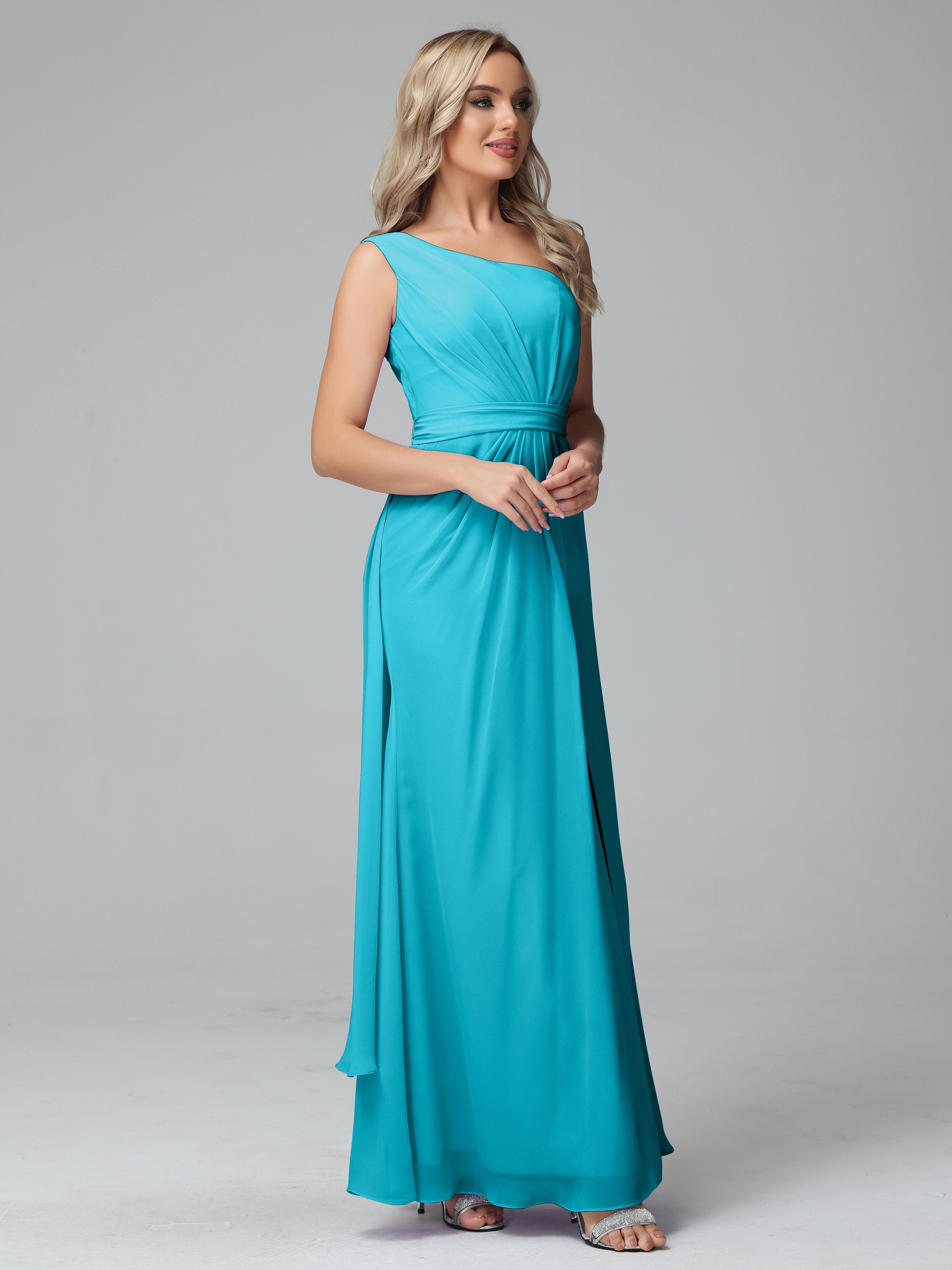 Robes De Demoiselle D'Honneur Vert Jade Trapèze Décolleté Asymétrique Mousseline Robe De Demoiselle D'Honneur Avec Plissé