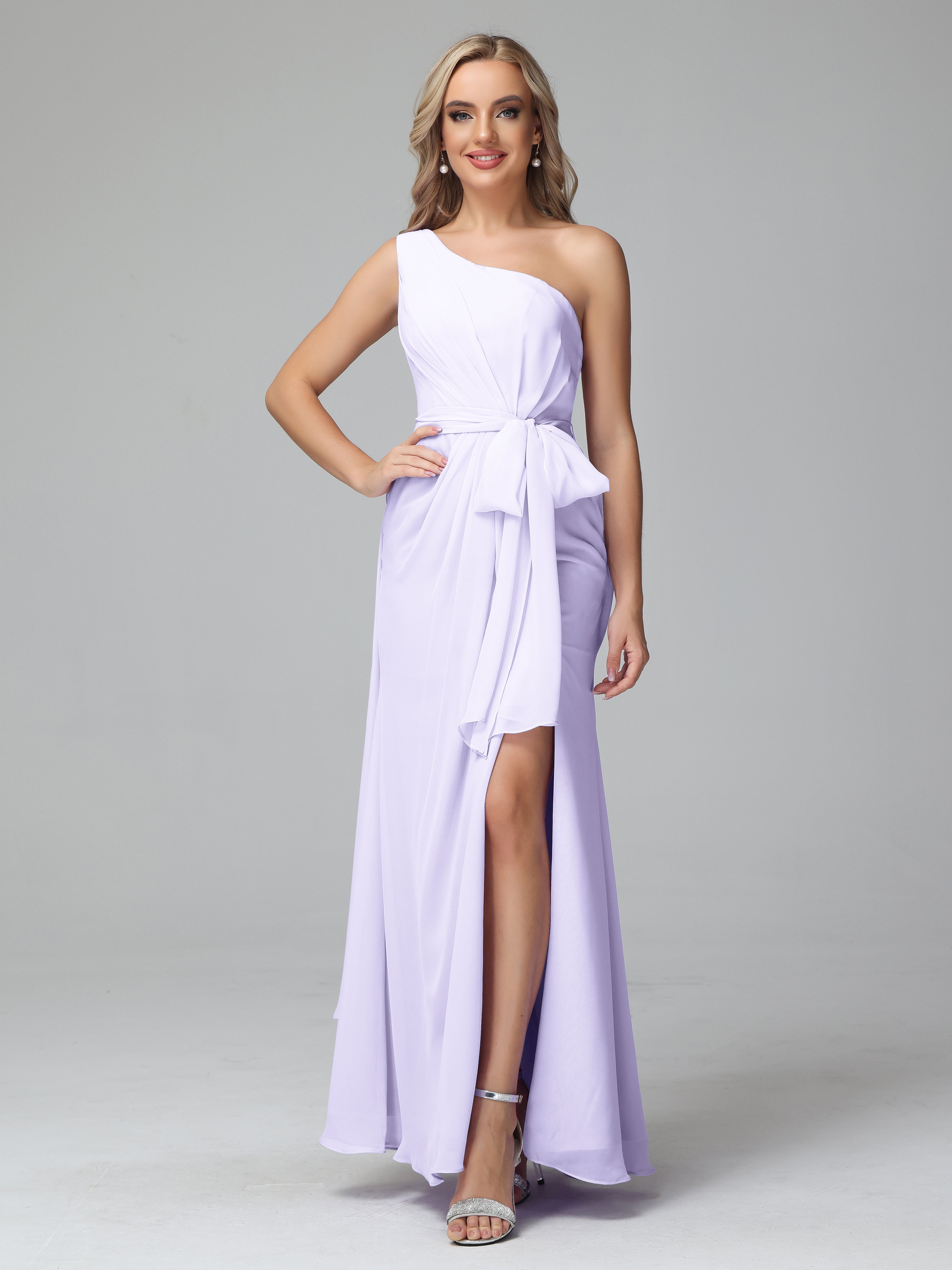Demoiselle Robe Cocktail Robe Lilas Trapèze Décolleté Asymétrique Mousseline Robe De Demoiselle D'Honneur Avec Plissé