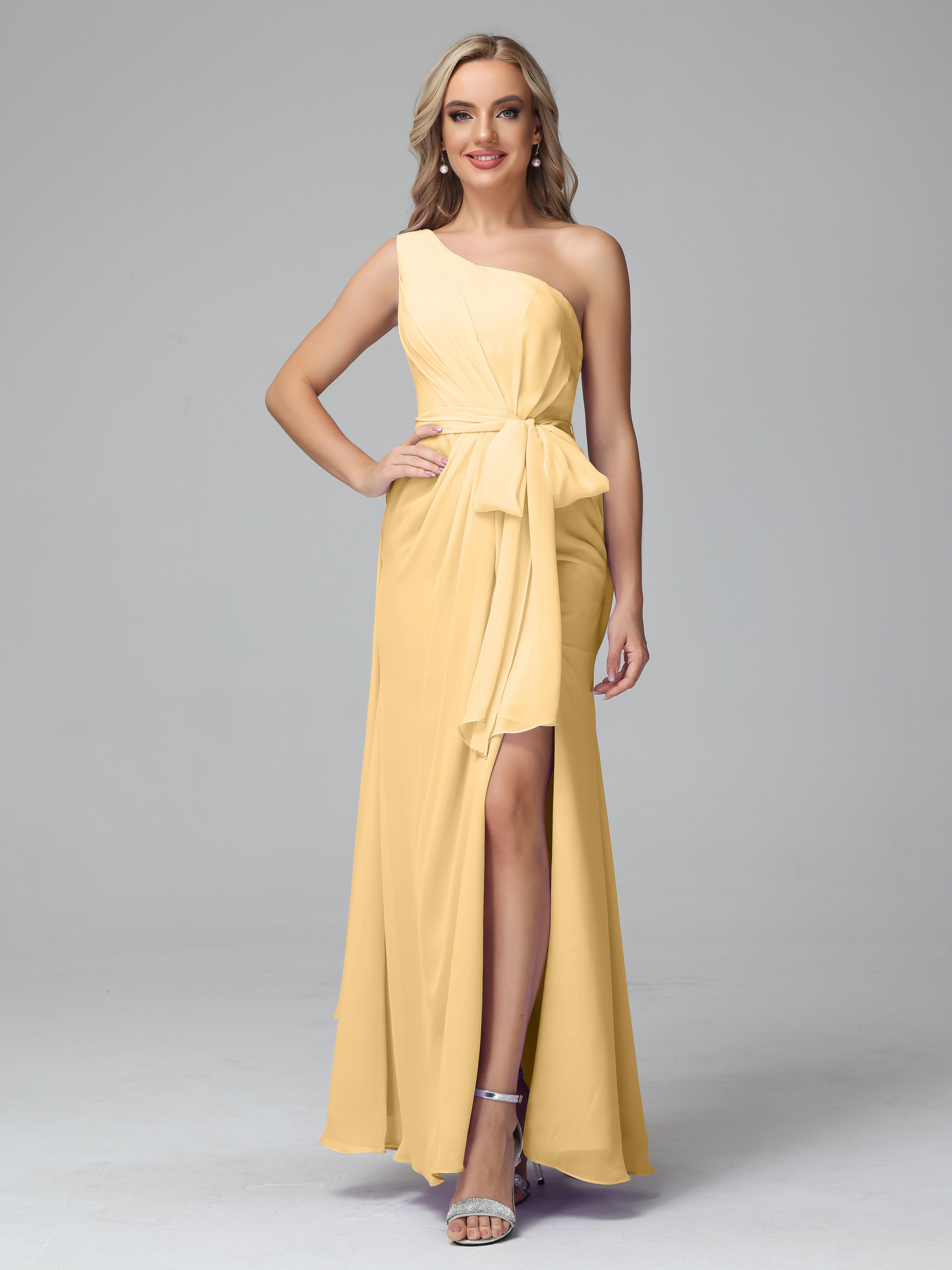 Robe Dorée Mariage Demoiselle D Honneur Trapèze Décolleté Asymétrique Mousseline Robe De Demoiselle D'Honneur Avec Plissé