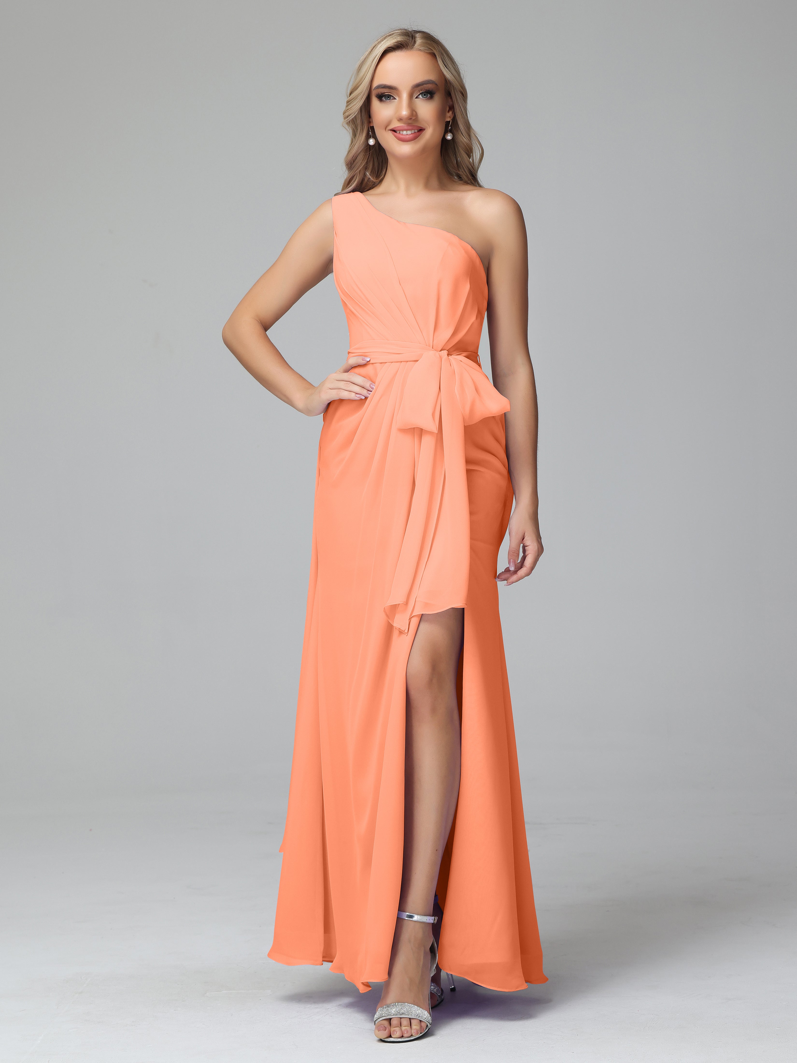 Robes De Demoiselle D'Honneur Papaye Trapèze Décolleté Asymétrique Mousseline Robe De Demoiselle D'Honneur Avec Plissé