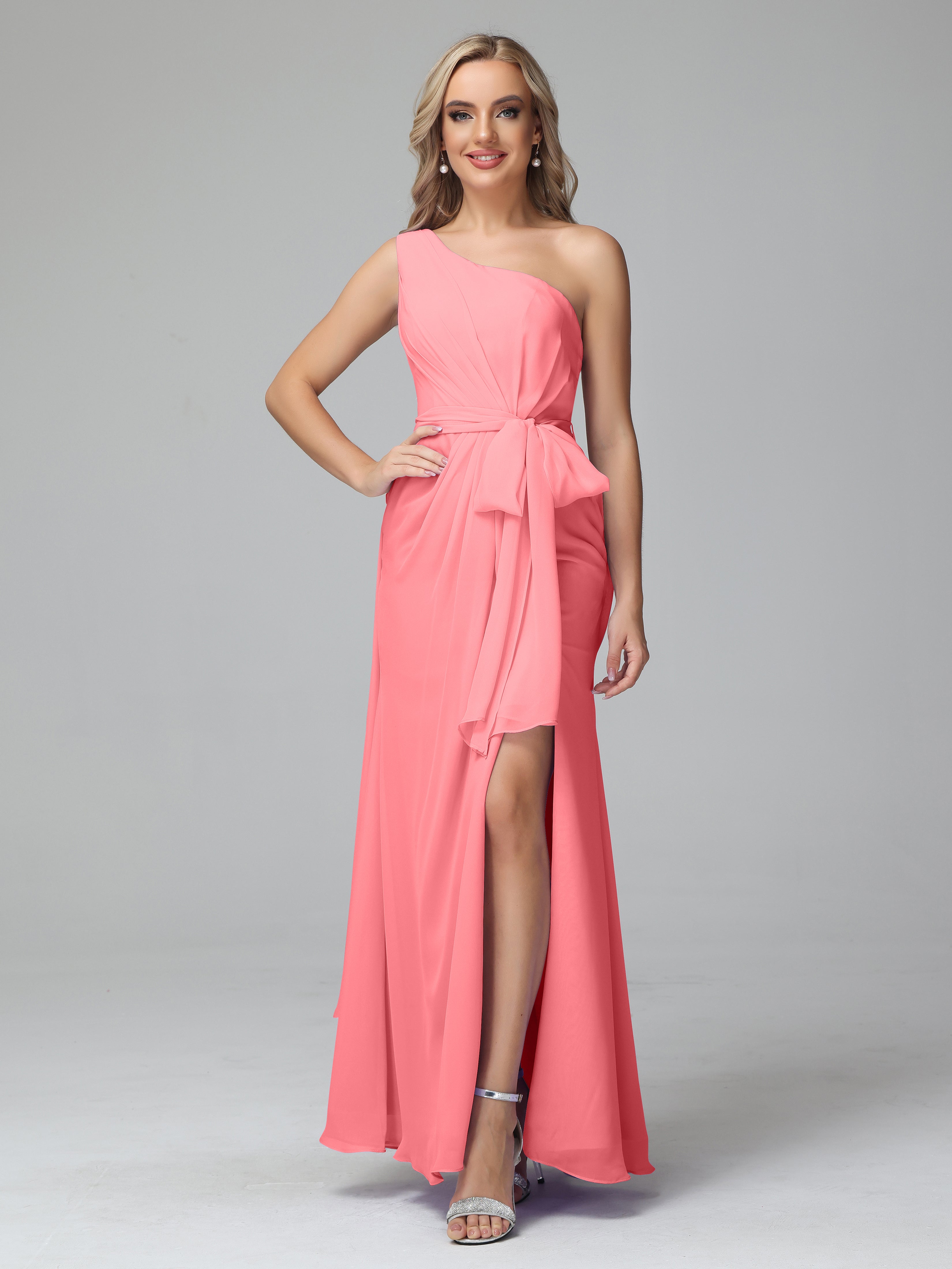 Robes De Demoiselle D'Honneur Pastèque Trapèze Décolleté Asymétrique Mousseline Robe De Demoiselle D'Honneur Avec Plissé