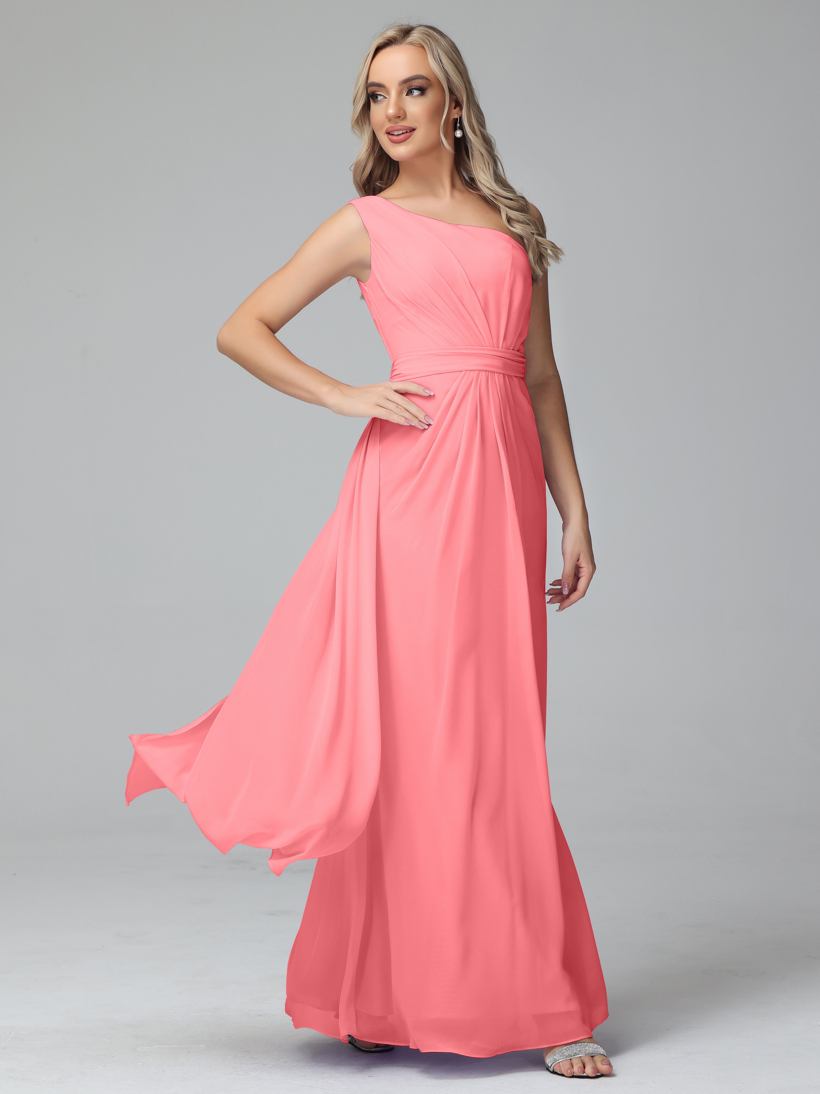 Robes De Demoiselle D'Honneur Pastèque Trapèze Décolleté Asymétrique Mousseline Robe De Demoiselle D'Honneur Avec Plissé