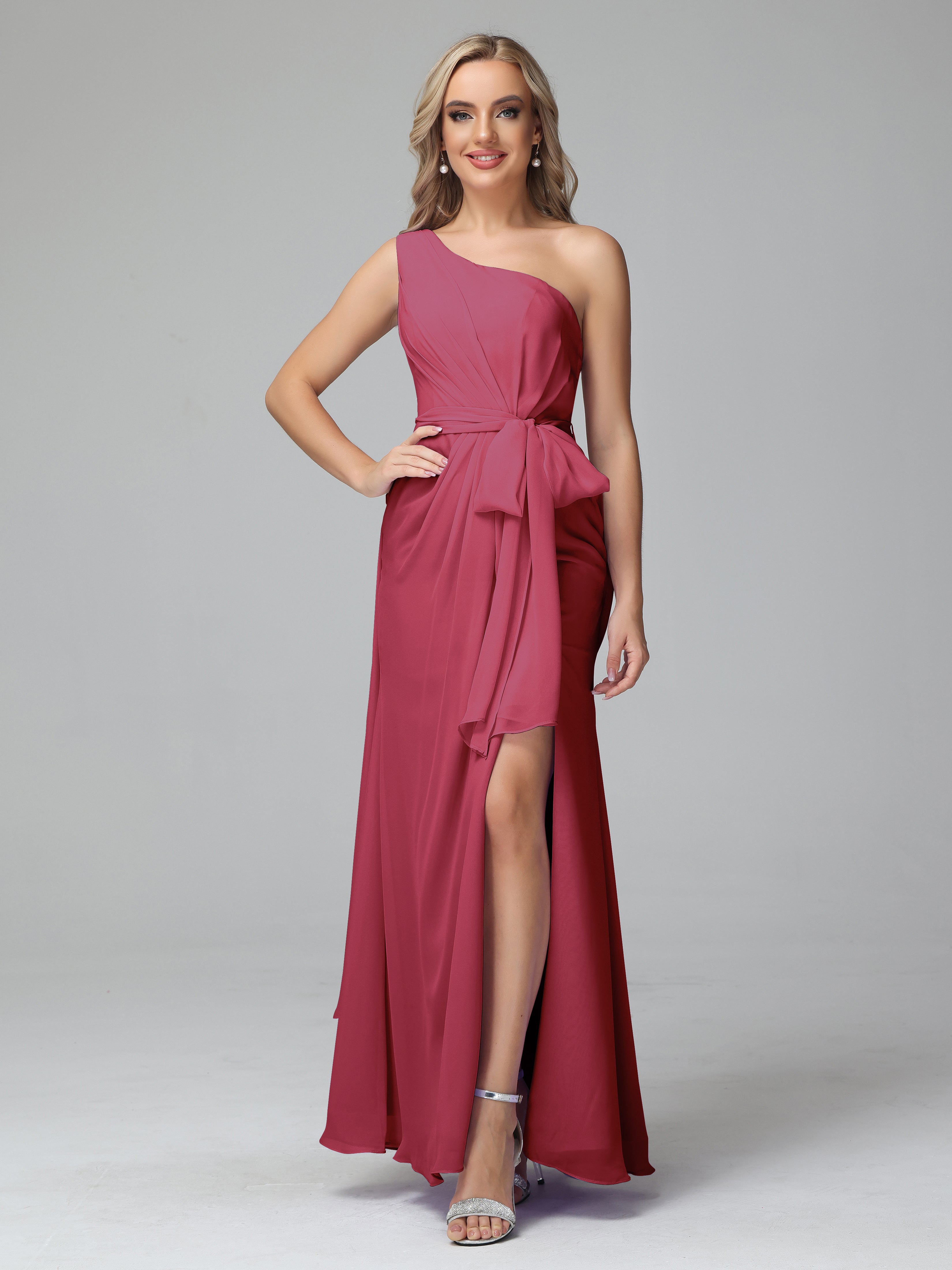 Robe Demoiselle D Honneur Rose Cannelle Trapèze Décolleté Asymétrique Mousseline Robe De Demoiselle D'Honneur Avec Plissé