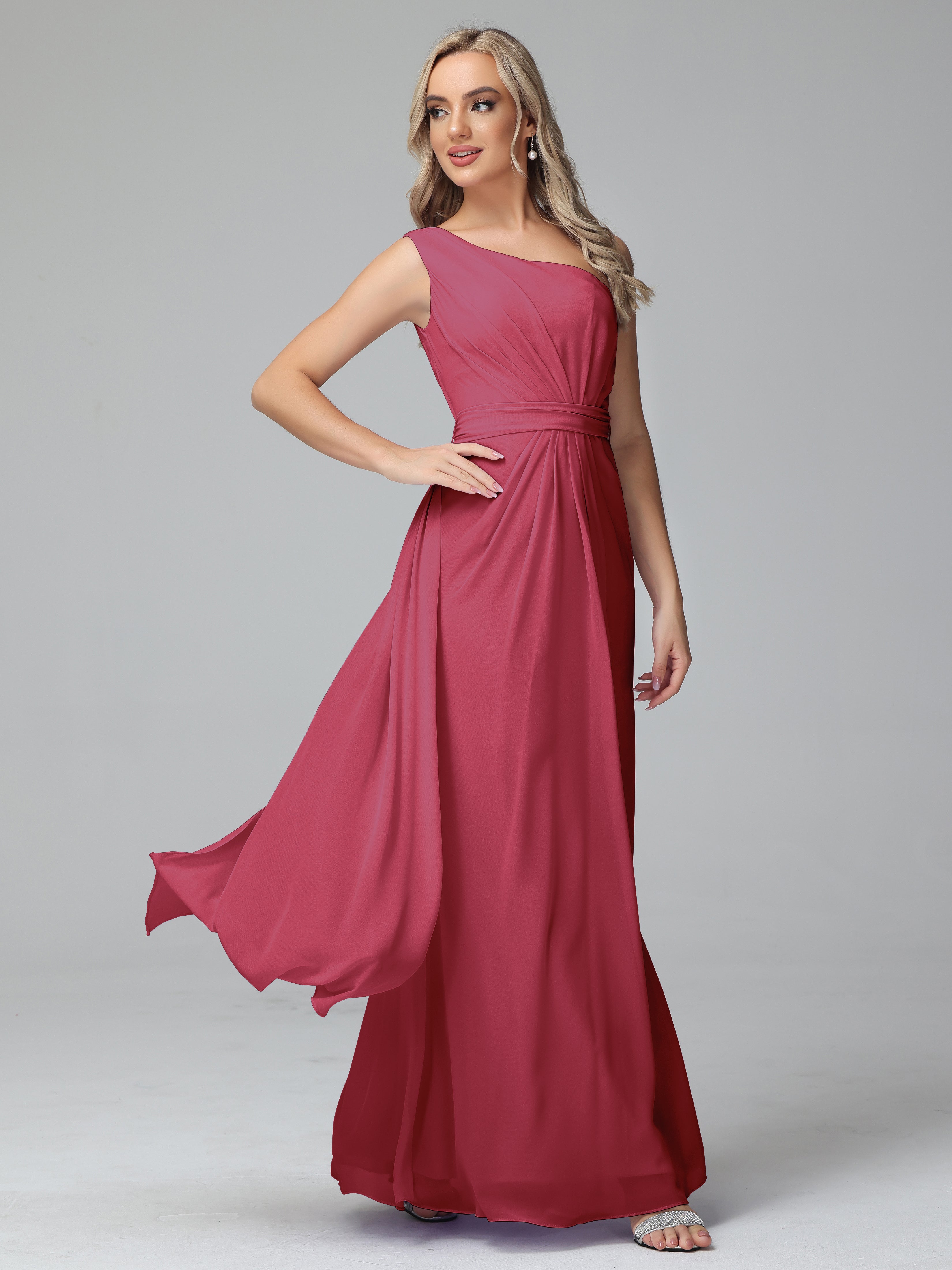 Robe Demoiselle D Honneur Rose Cannelle Trapèze Décolleté Asymétrique Mousseline Robe De Demoiselle D'Honneur Avec Plissé