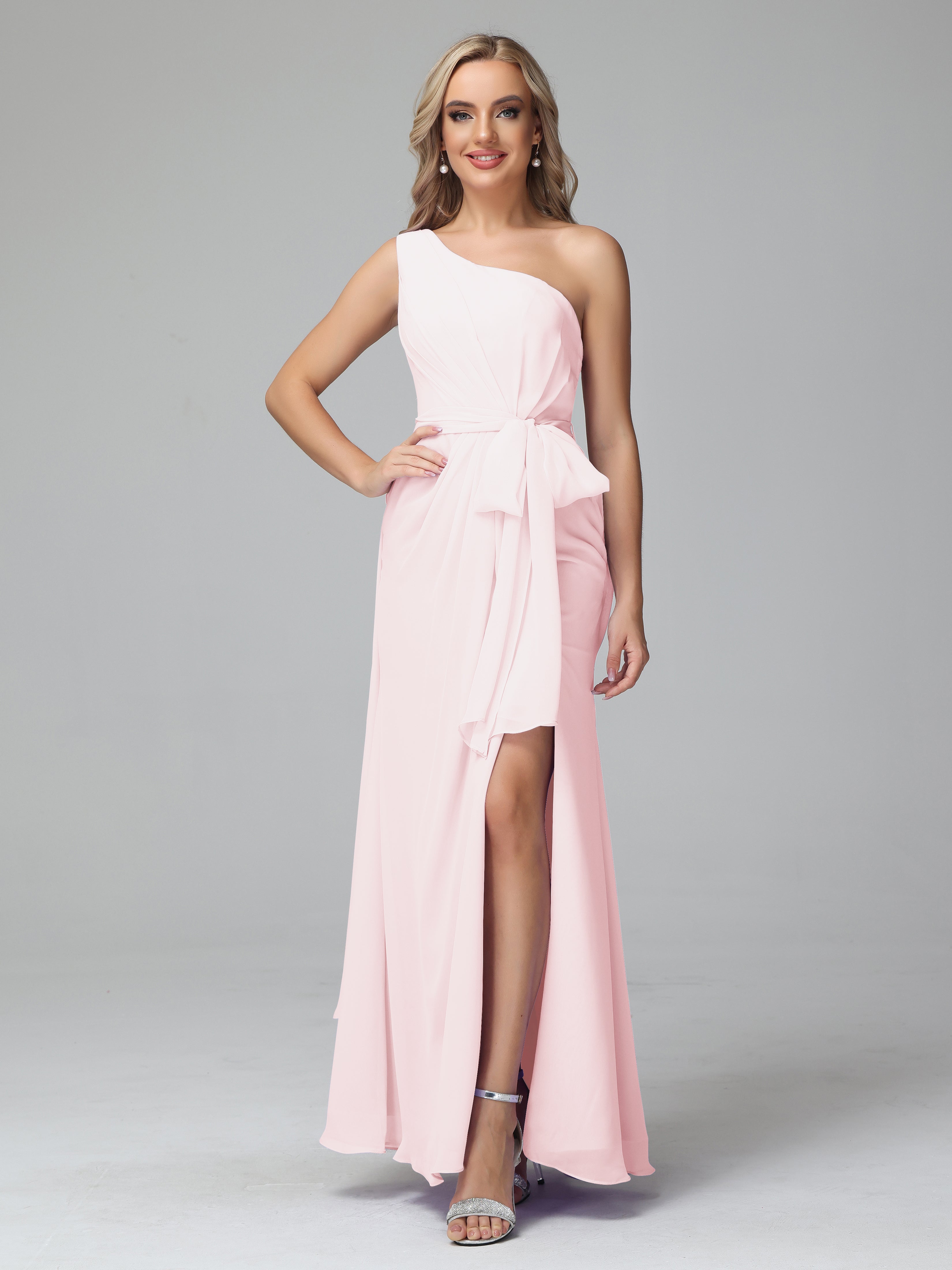 Robe Rose Pale Demoiselle D Honneur Trapèze Décolleté Asymétrique Mousseline Robe De Demoiselle D'Honneur Avec Plissé