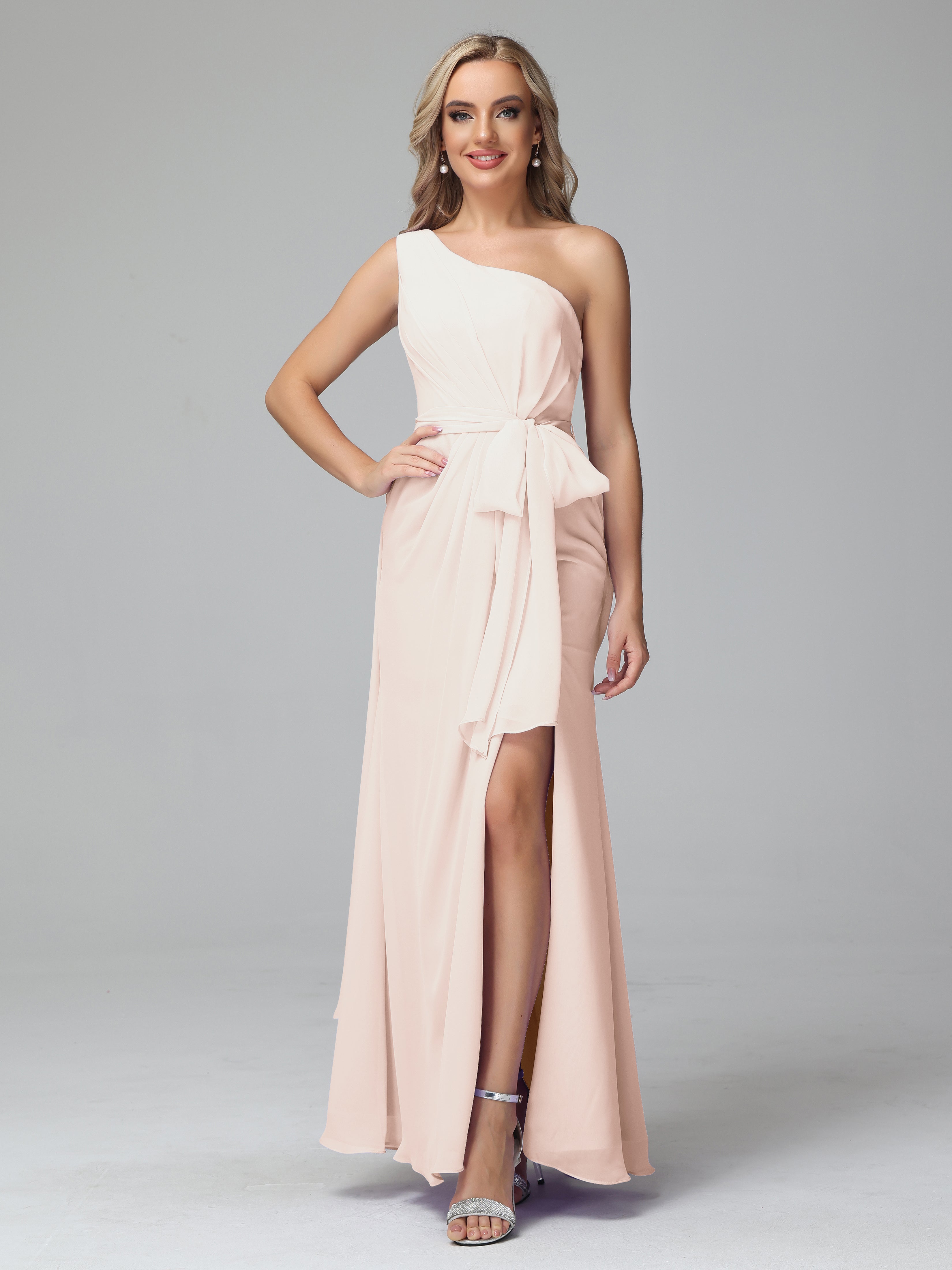 Robe De Demoiselle D'Honneur En Perles Trapèze Décolleté Asymétrique Mousseline Robe De Demoiselle D'Honneur Avec Plissé