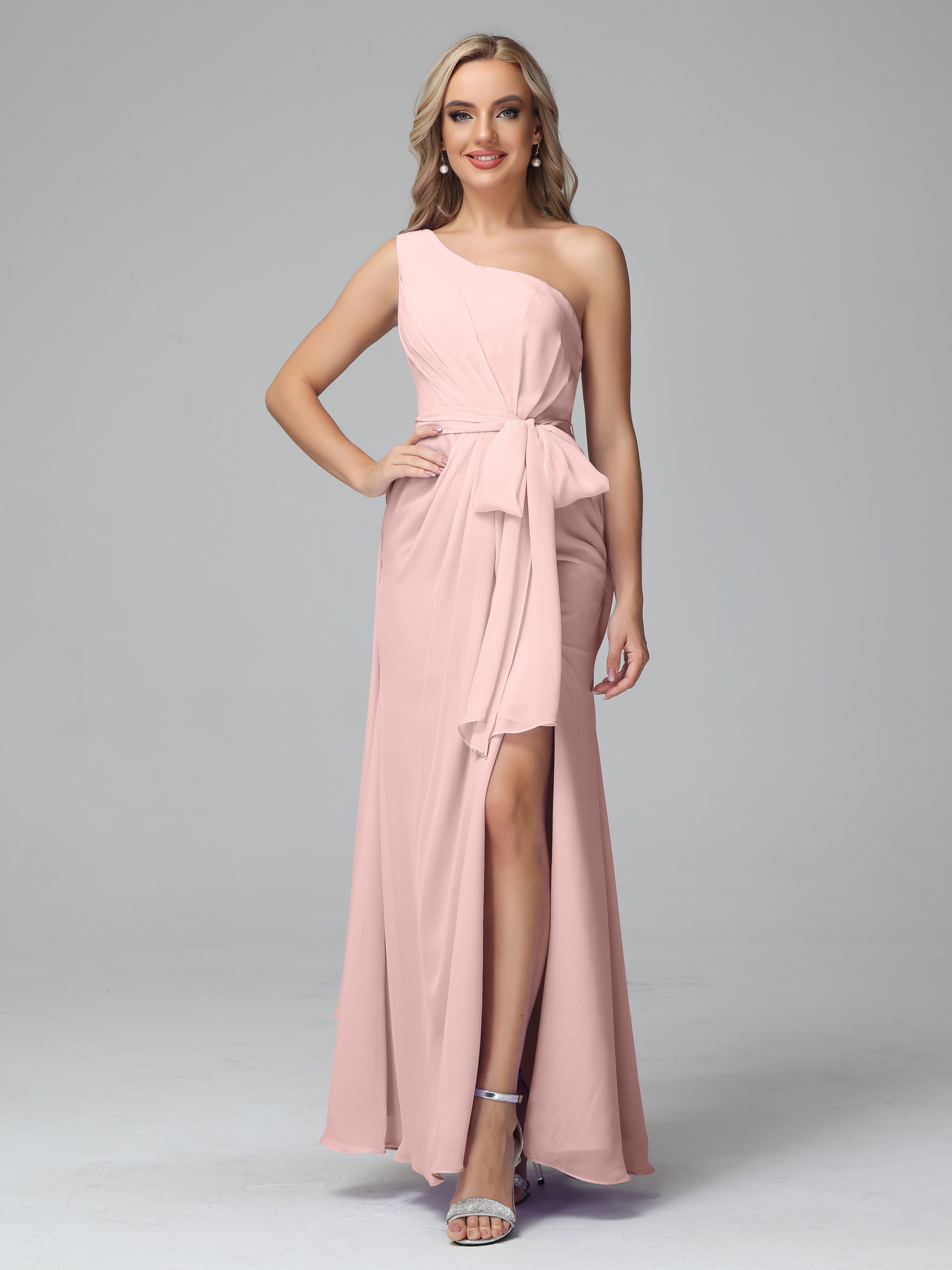 Toutes Les Robes De Demoiselle D'Honneur De Rose Poudrée Trapèze Décolleté Asymétrique Mousseline Robe De Demoiselle D'Honneur Avec Plissé