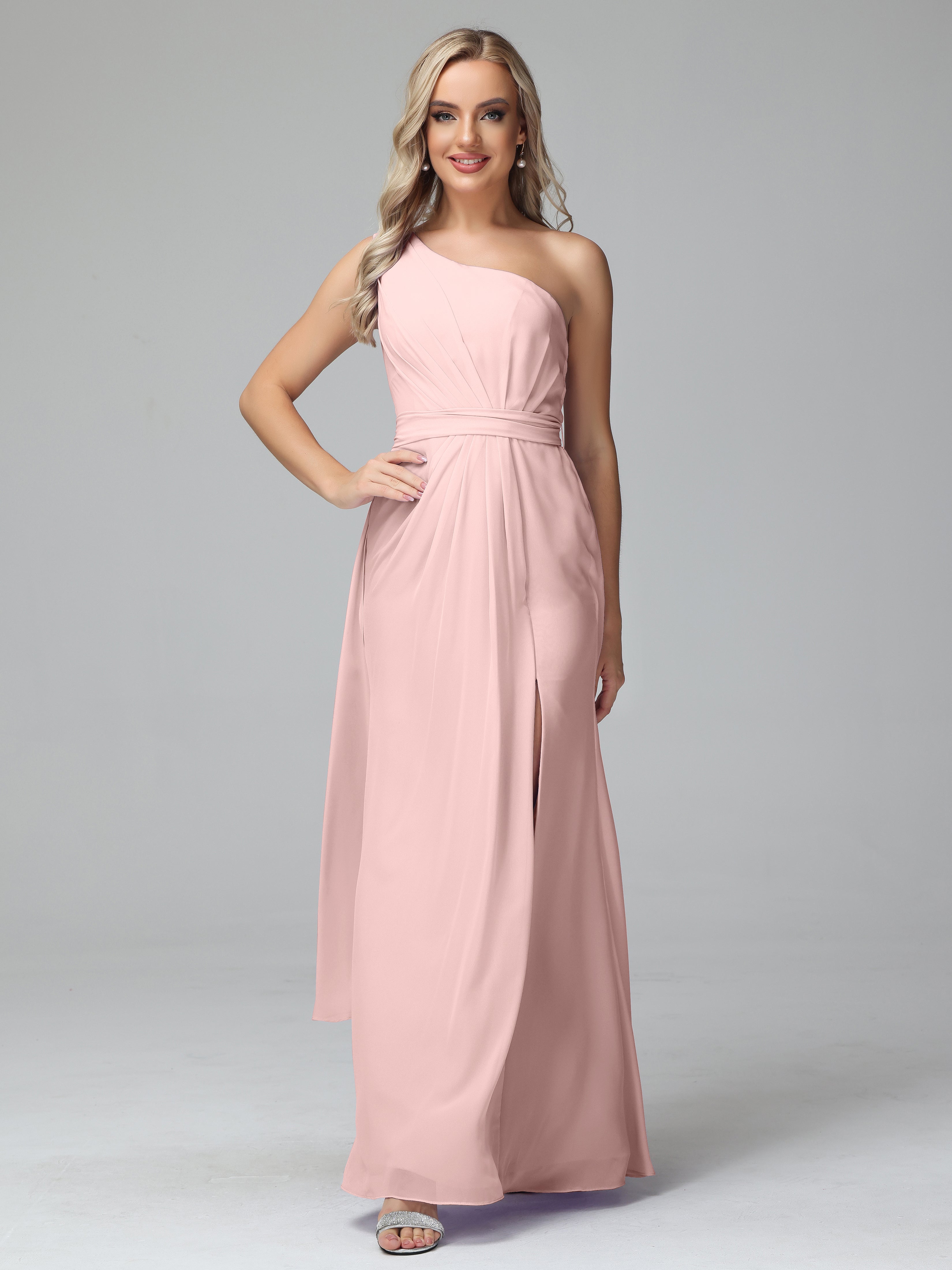 Toutes Les Robes De Demoiselle D'Honneur De Rose Poudrée Trapèze Décolleté Asymétrique Mousseline Robe De Demoiselle D'Honneur Avec Plissé