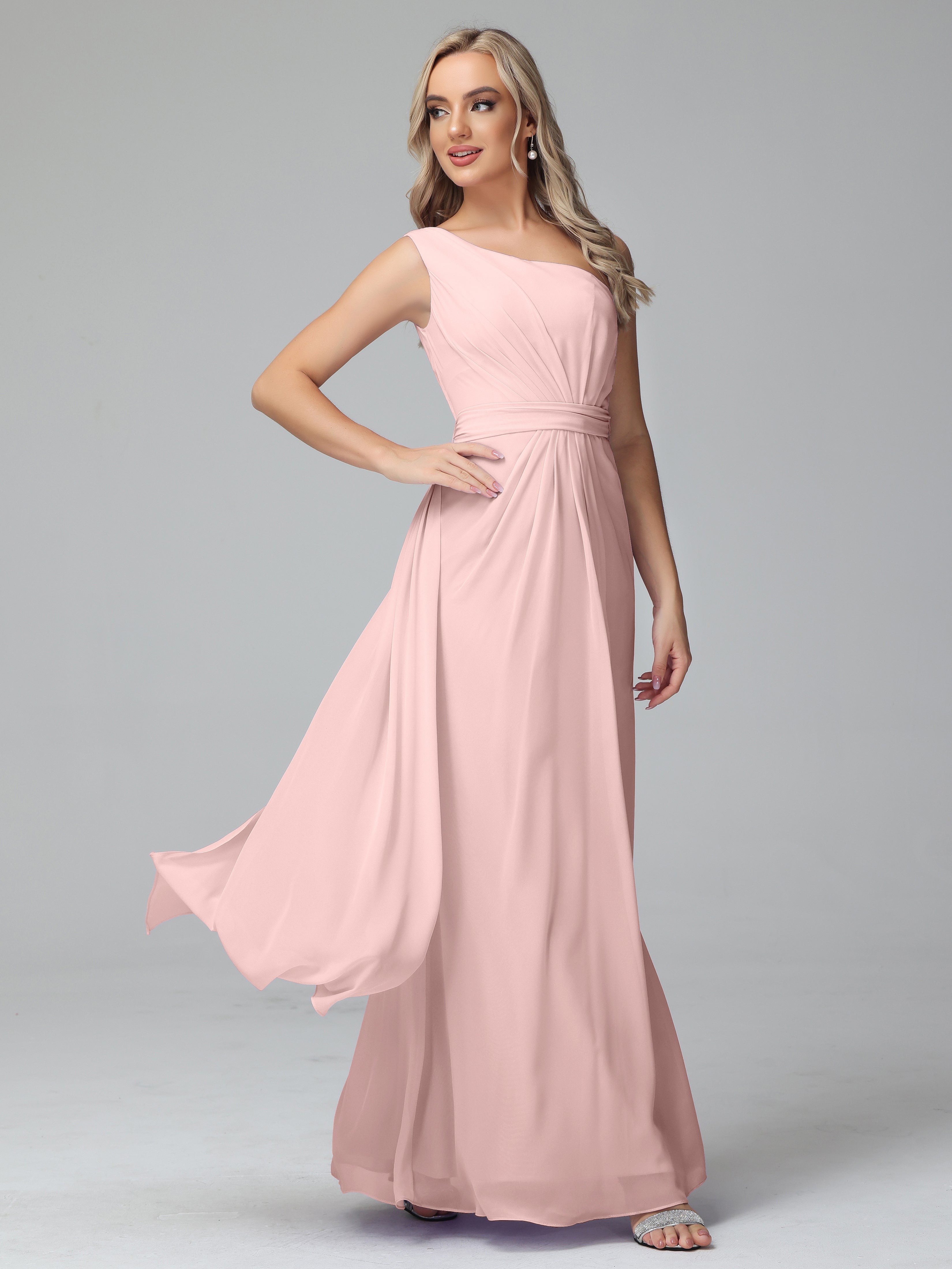 Toutes Les Robes De Demoiselle D'Honneur De Rose Poudrée Trapèze Décolleté Asymétrique Mousseline Robe De Demoiselle D'Honneur Avec Plissé