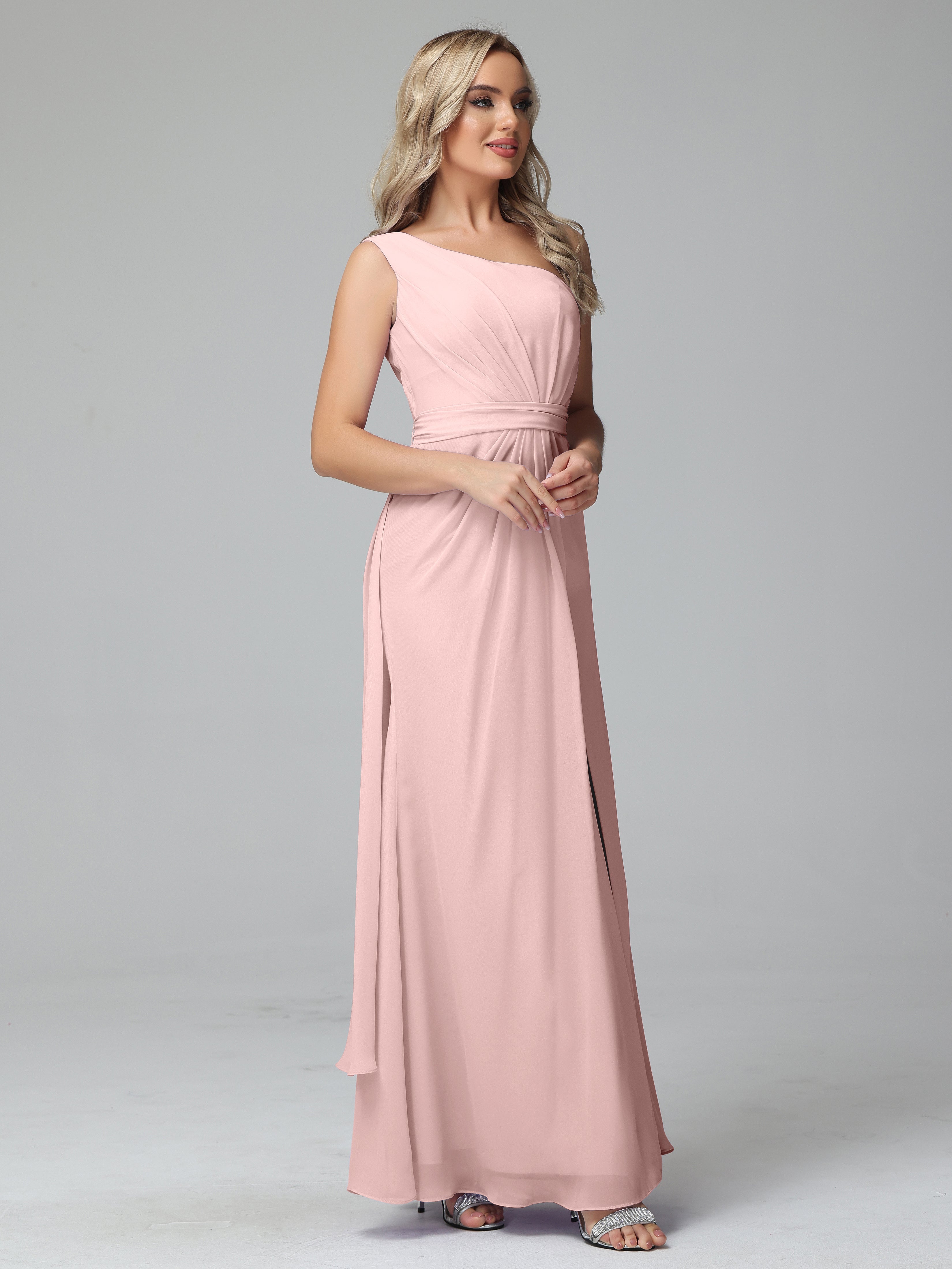 Toutes Les Robes De Demoiselle D'Honneur De Rose Poudrée Trapèze Décolleté Asymétrique Mousseline Robe De Demoiselle D'Honneur Avec Plissé