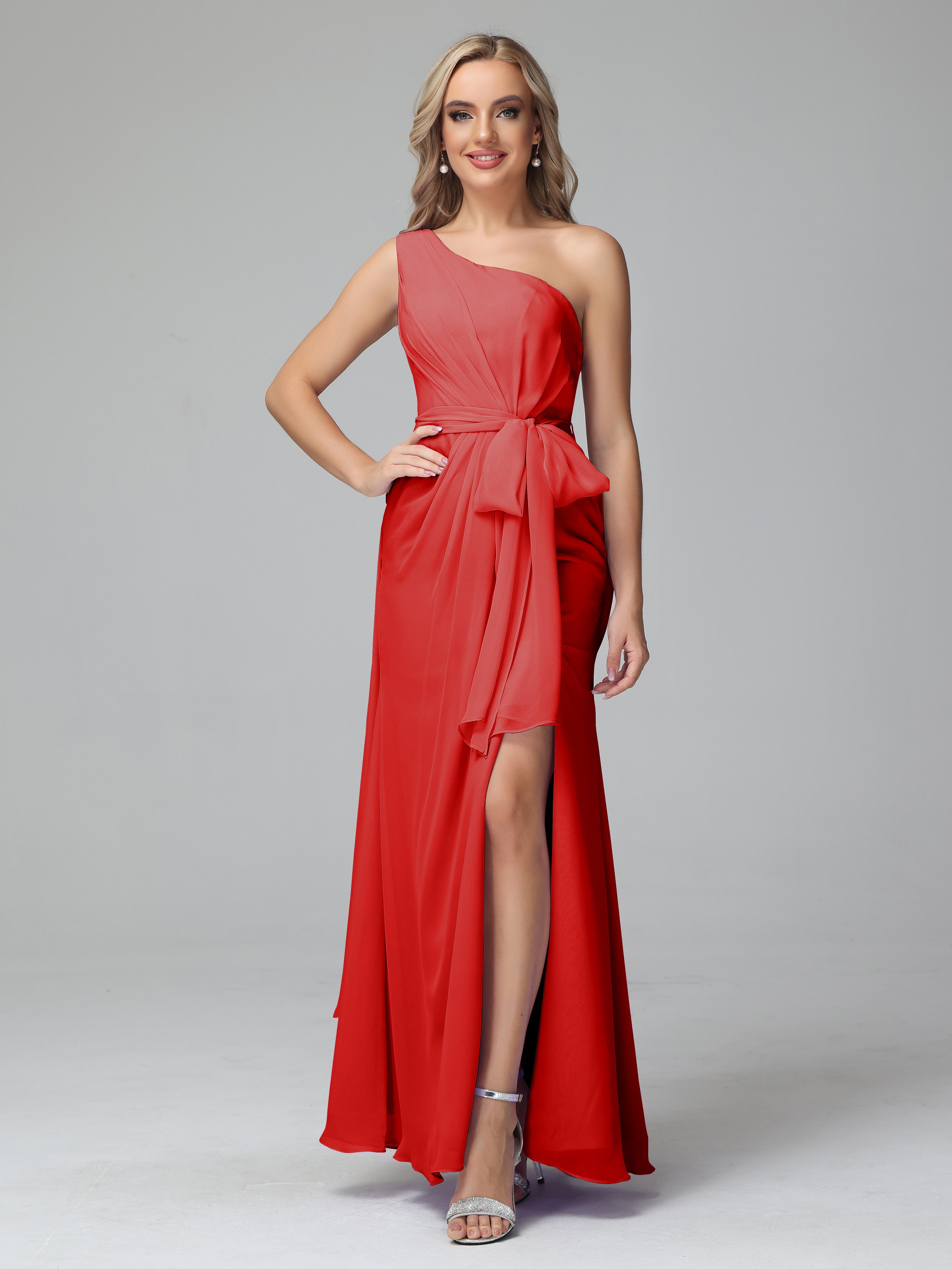 Robe Demoiselle D Honneur Rouge Trapèze Décolleté Asymétrique Mousseline Robe De Demoiselle D'Honneur Avec Plissé