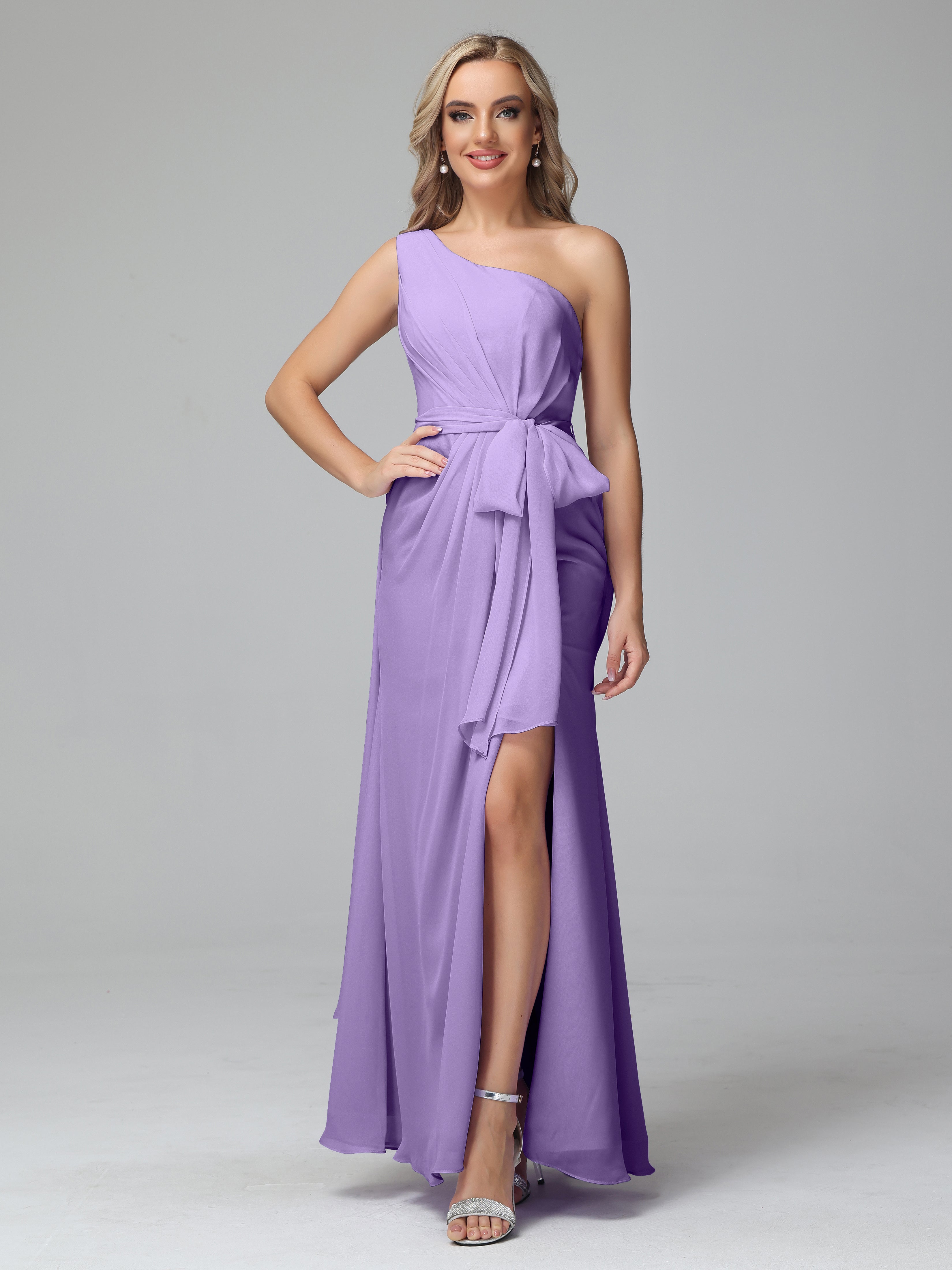 Robes De Demoiselle D'Honneur Tahiti Trapèze Décolleté Asymétrique Mousseline Robe De Demoiselle D'Honneur Avec Plissé