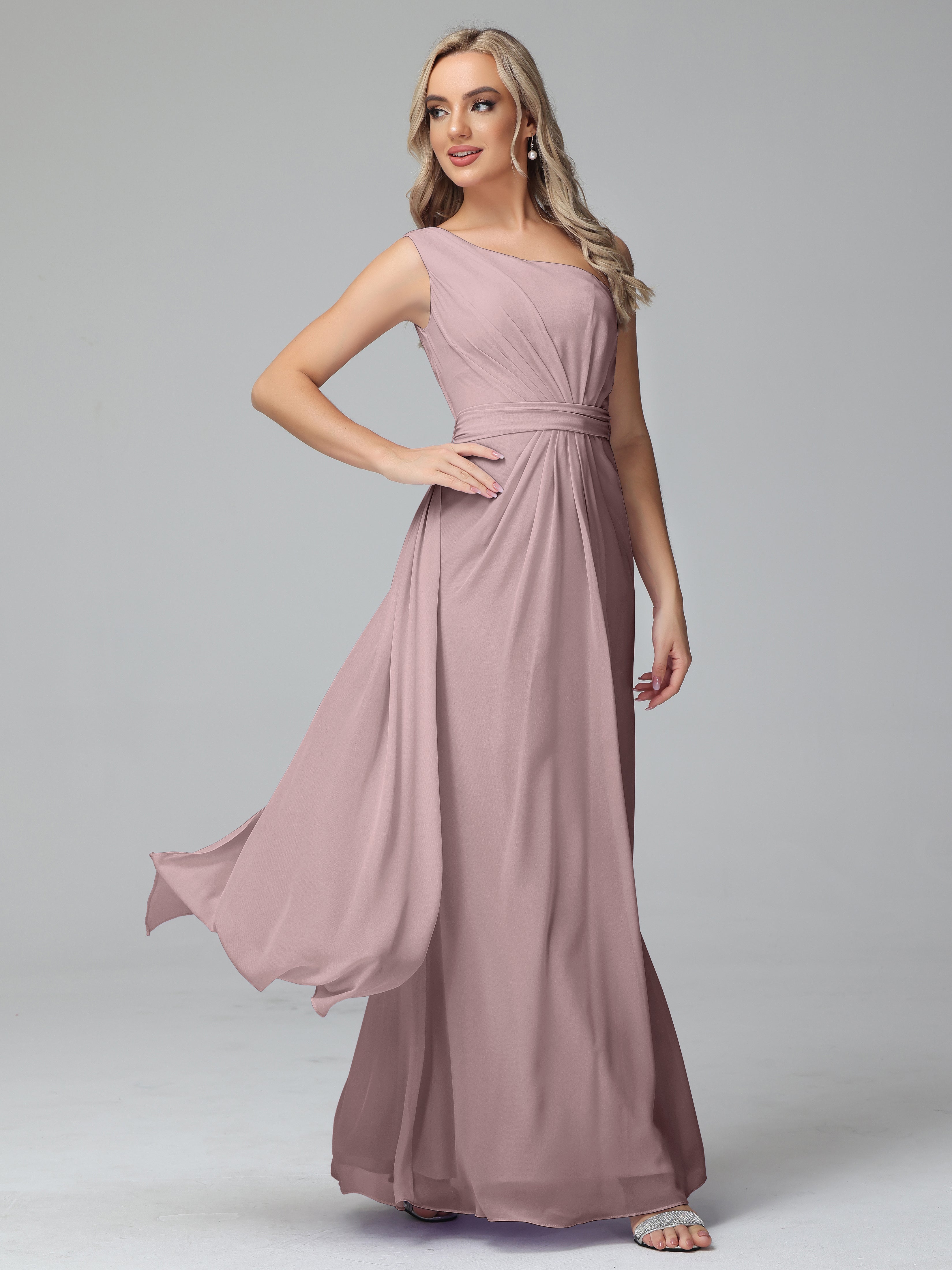 Robes De Demoiselle D'Honneur Vintage Mauve Trapèze Décolleté Asymétrique Mousseline Robe De Demoiselle D'Honneur Avec Plissé