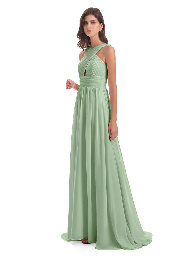 Longues Robes De Demoiselle D'Honneur De Sauge Poussiéreuse Balayage/Pinceau Traîne Bretelle Mousseline Robes Demoiselle D'Honneur