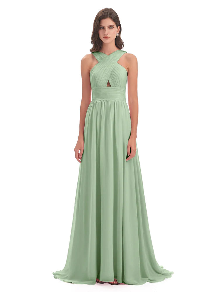 Longues Robes De Demoiselle D'Honneur De Sauge Poussiéreuse Balayage/Pinceau Traîne Bretelle Mousseline Robes Demoiselle D'Honneur