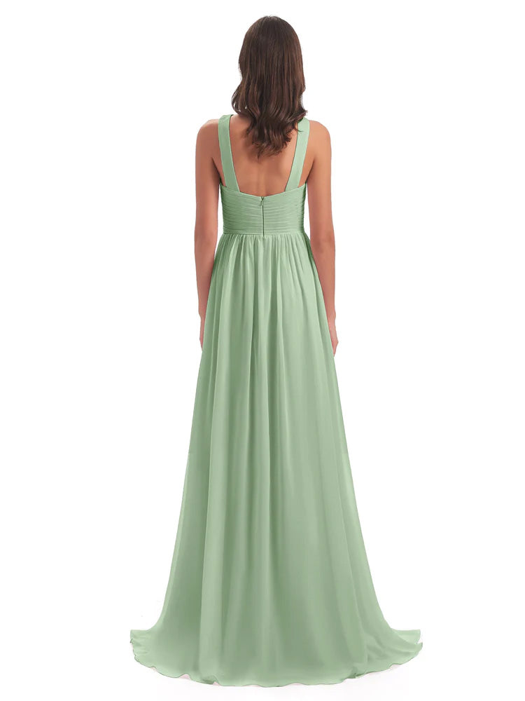 Longues Robes De Demoiselle D'Honneur De Sauge Poussiéreuse Balayage/Pinceau Traîne Bretelle Mousseline Robes Demoiselle D'Honneur