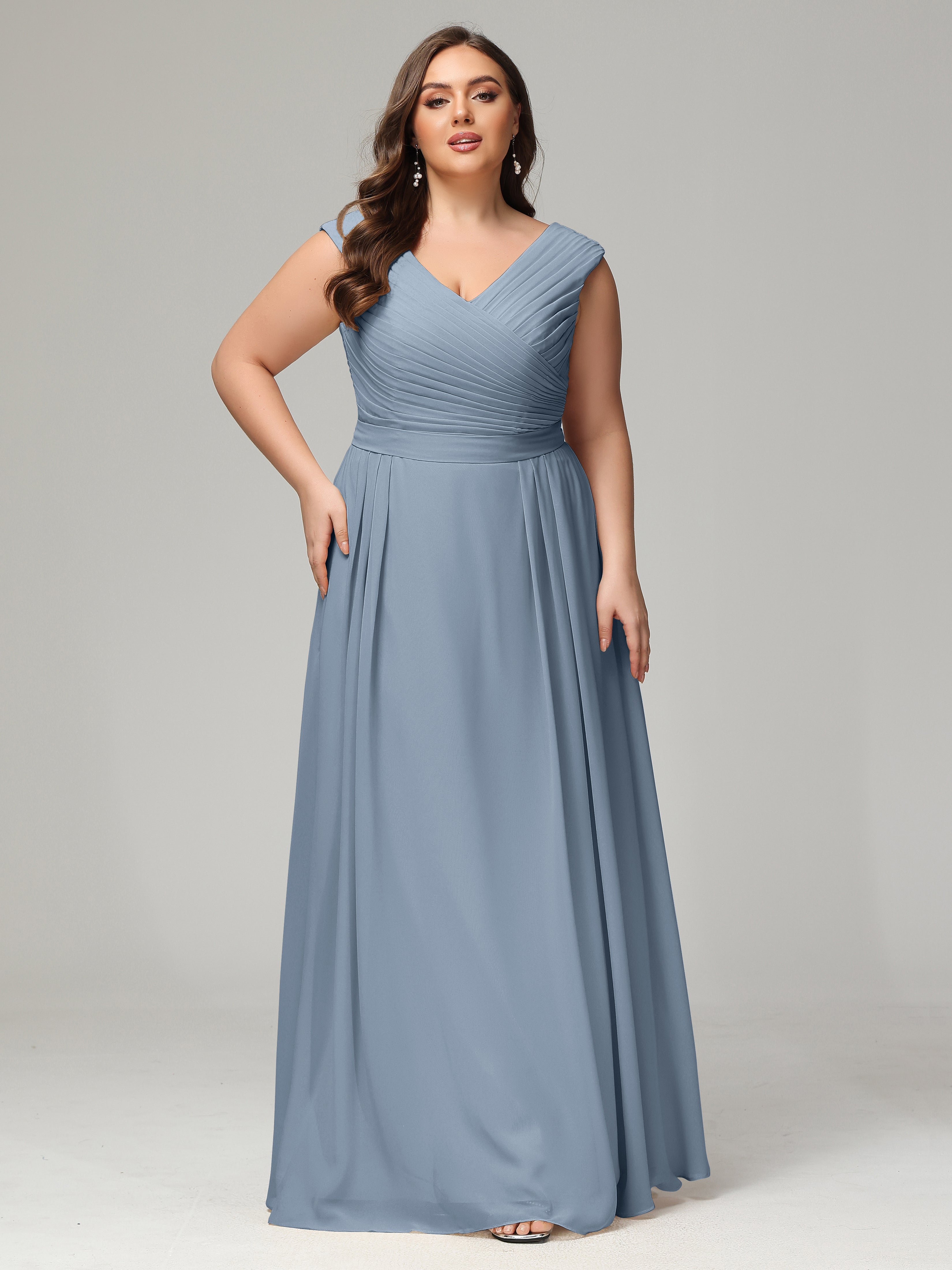 Robes De Demoiselle D'Honneur Bleu Poussiéreux Dos En V Mousseline Robe De Demoiselle D'Honneur Grande Taille