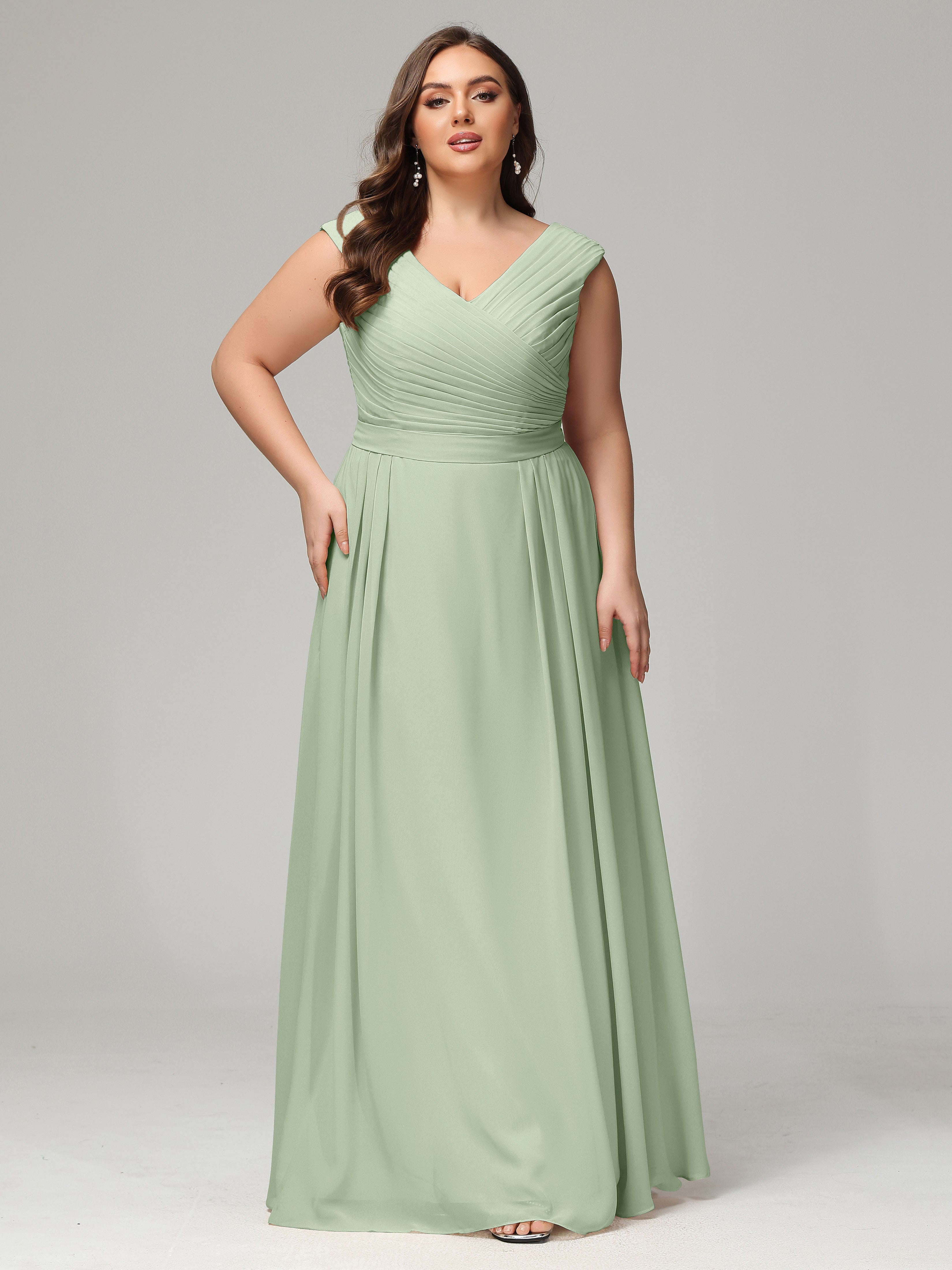 Robes De Demoiselle D'Honneur De Sauge Poussiéreuse Dos En V Mousseline Robe De Demoiselle D'Honneur Grande Taille