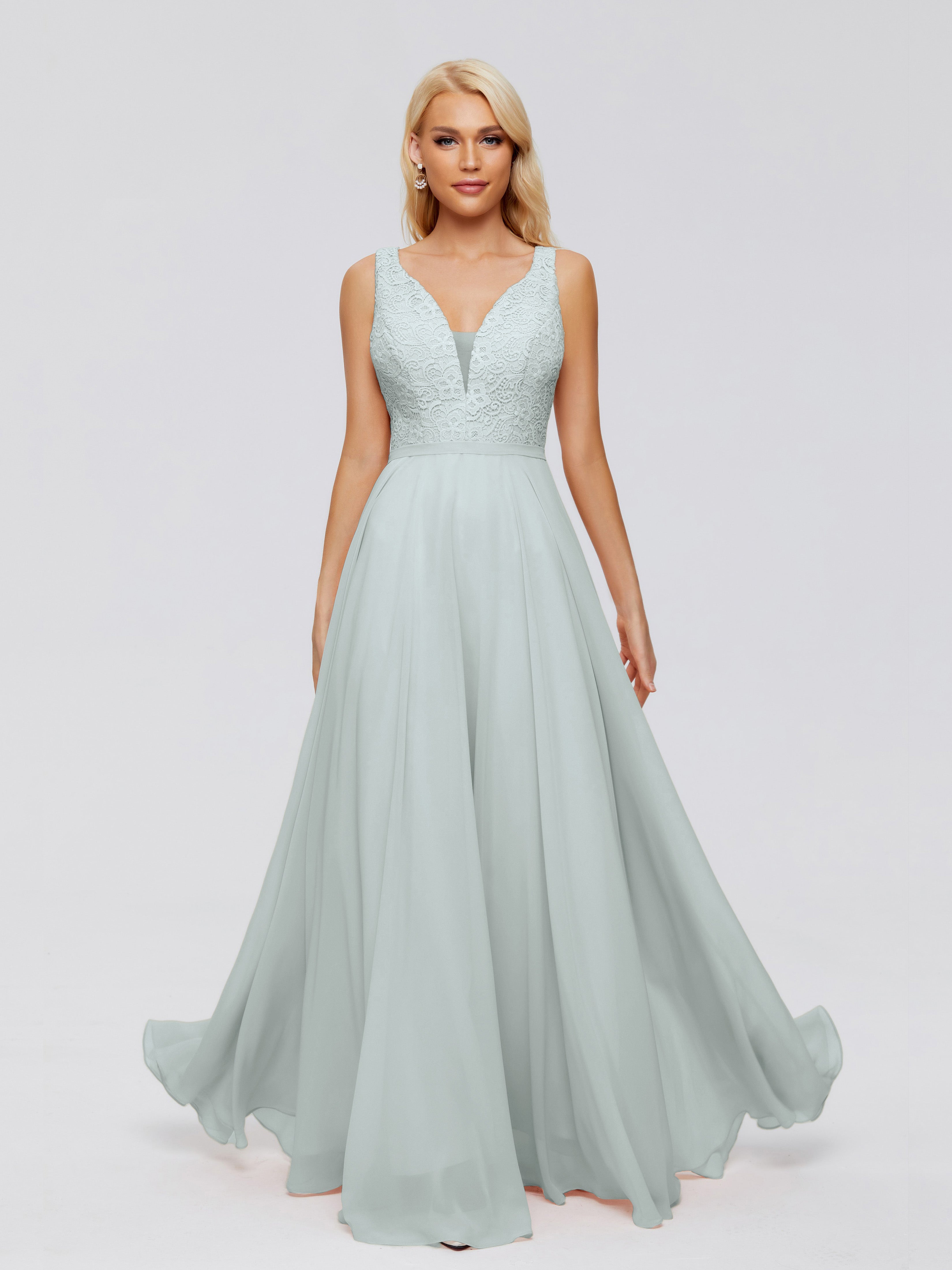 Robe Demoiselle D Honneur Vert Celadon Trapèze Col V Bretelle Mousseline Robes Demoiselle D'Honneur