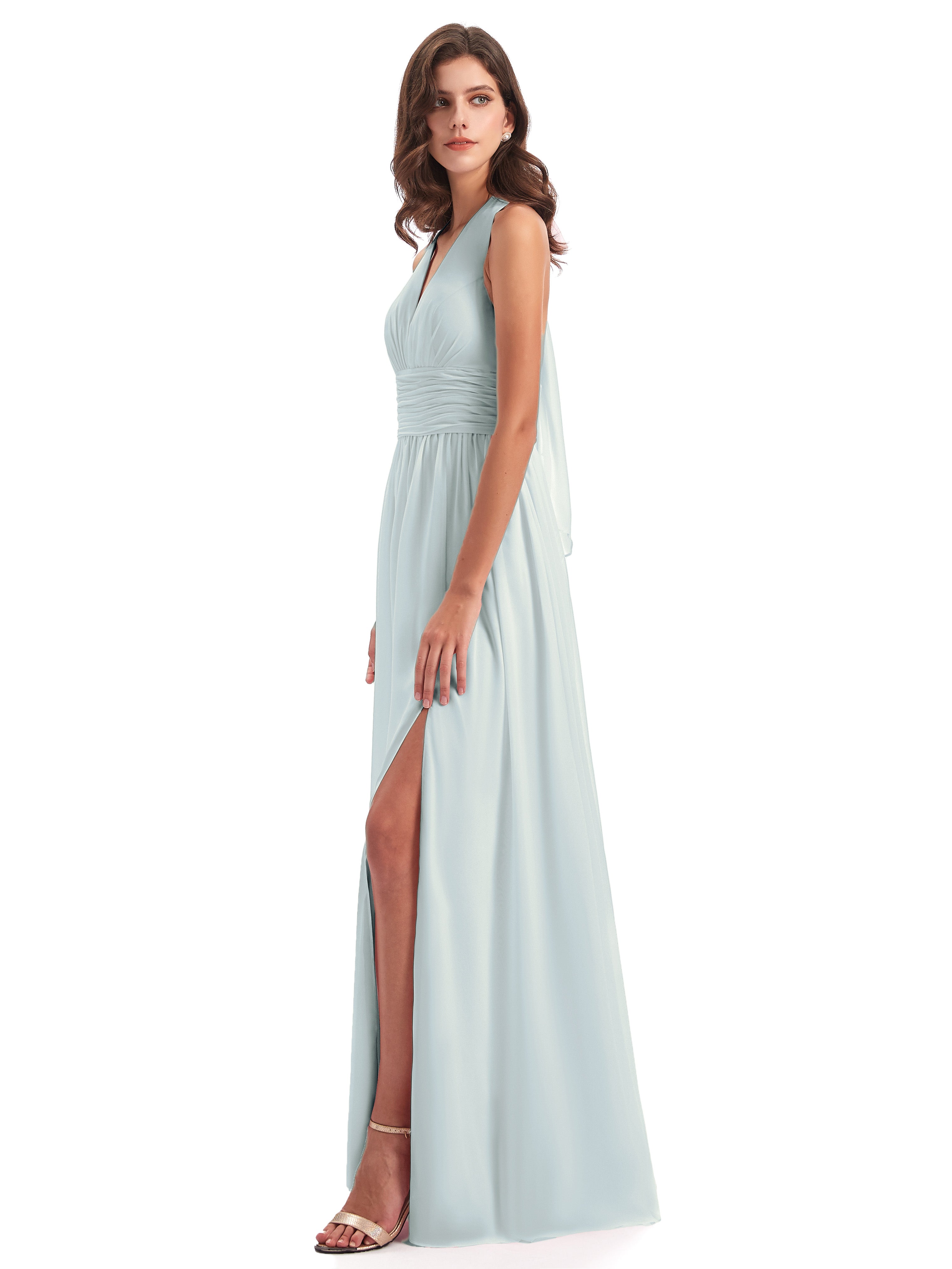 Robe Demoiselle D Honneur Vert Celadon Nœud Papillon Fendue Devant Robes Demoiselle D'Honneur