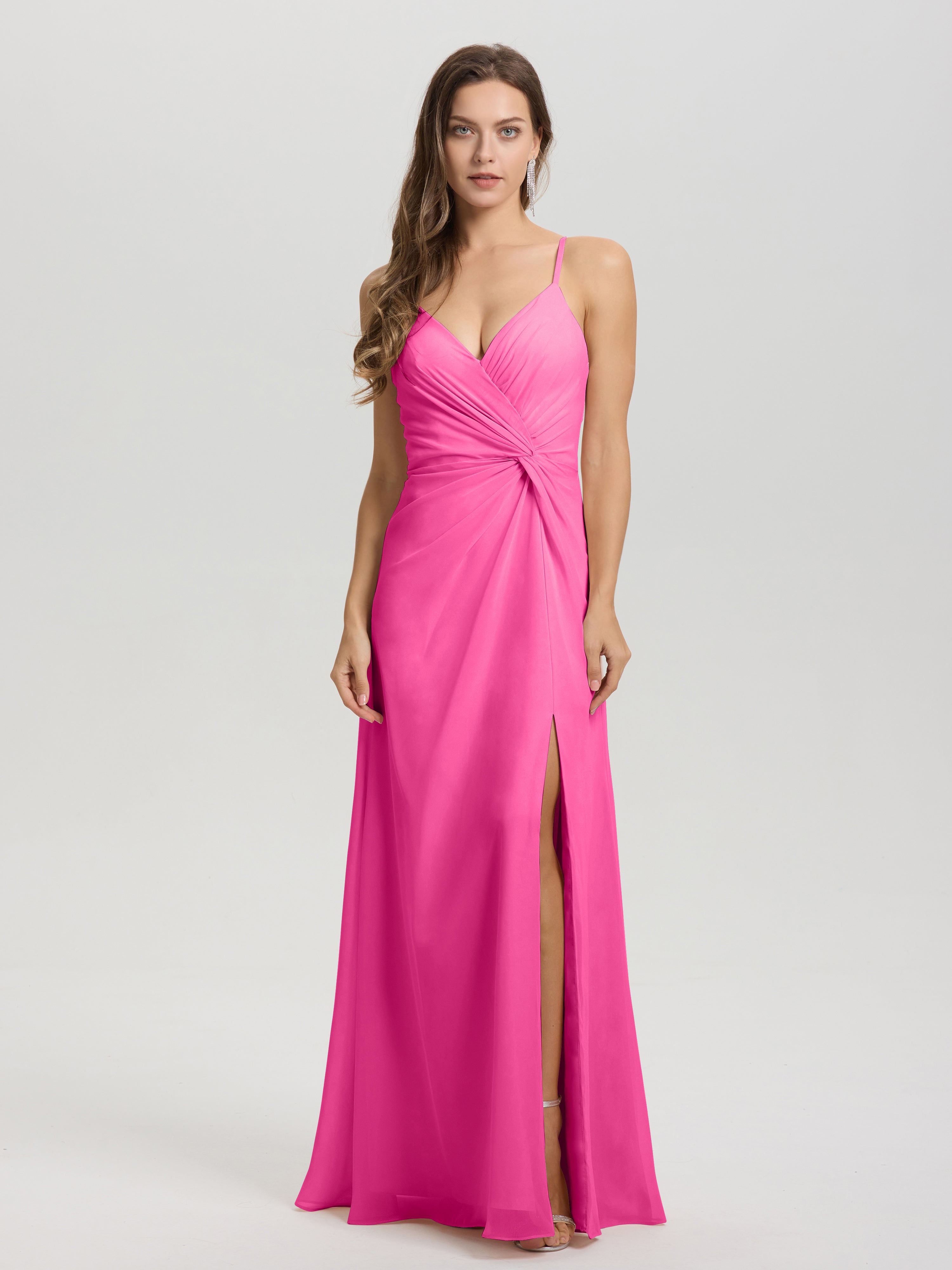 Robe Demoiselle D Honneur Azalée Col V Fendue Trapèze Mousseline Robe Demoiselle D'Honneur Avec Plisée Devant