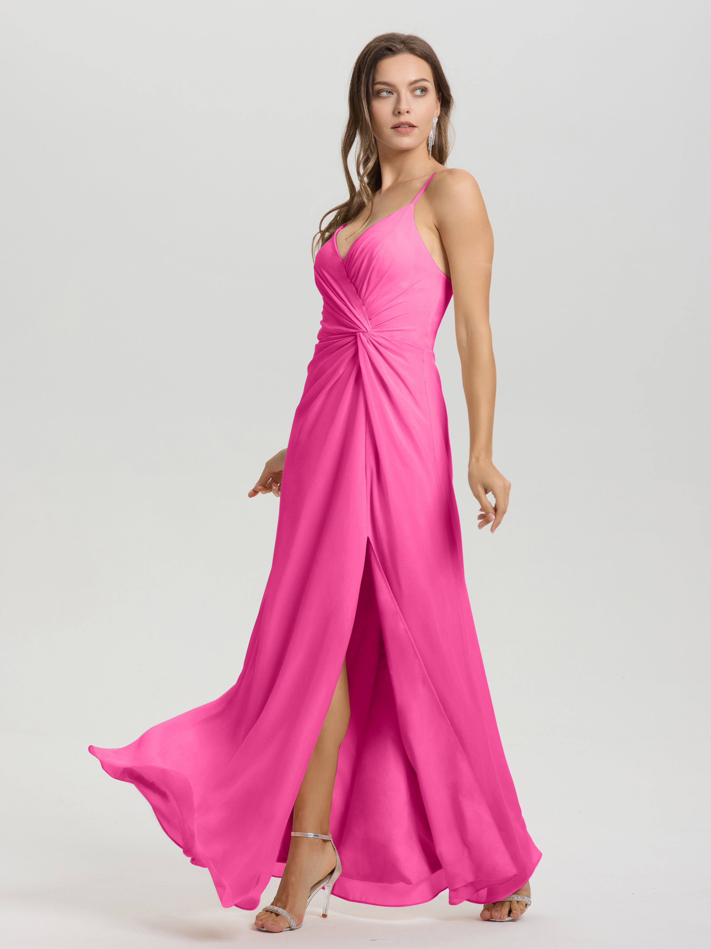 Robe Demoiselle D Honneur Azalée Col V Fendue Trapèze Mousseline Robe Demoiselle D'Honneur Avec Plisée Devant