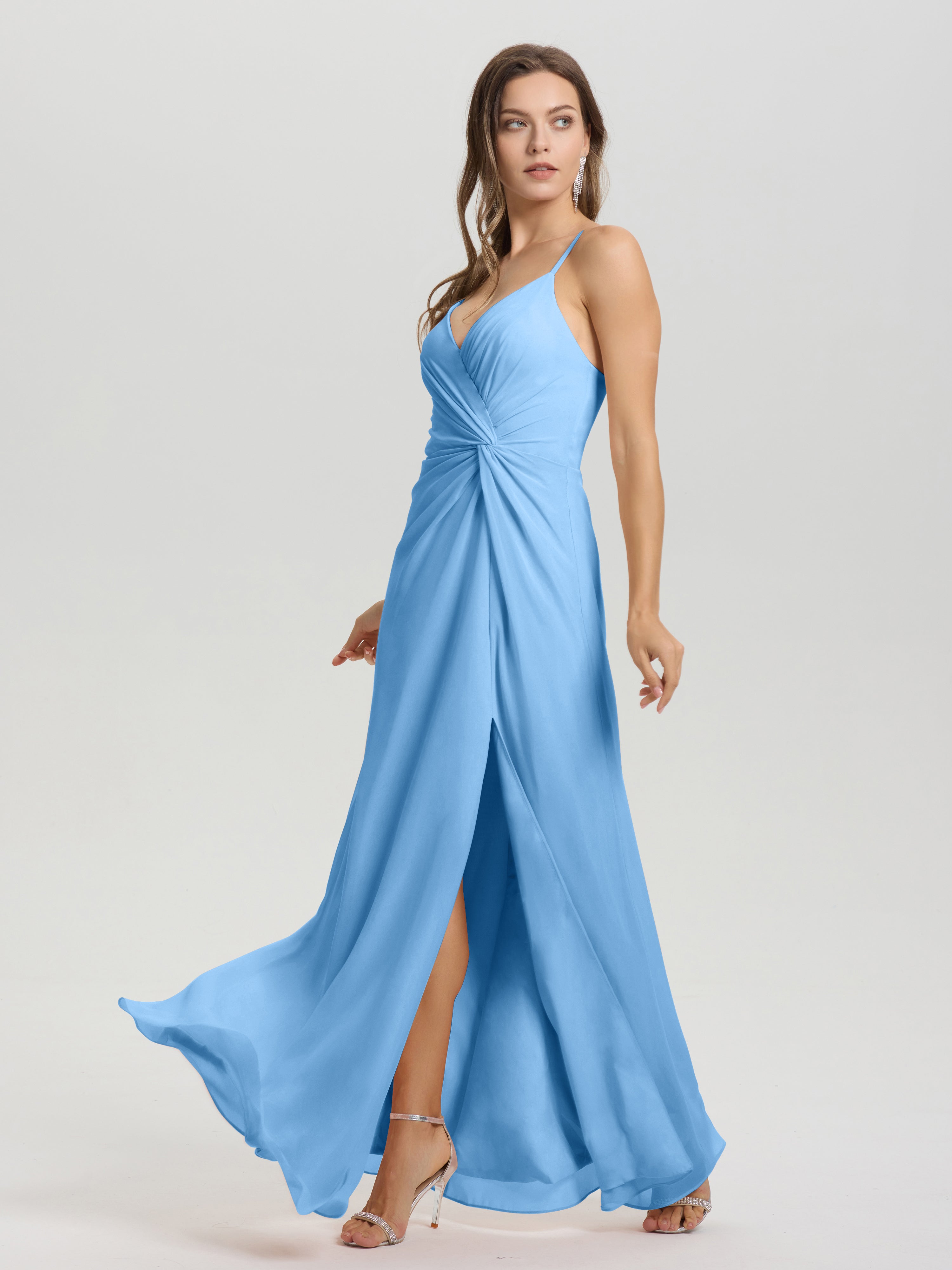 Robe De Demoiselle D Honneur Bleu Col V Fendue Trapèze Mousseline Robe Demoiselle D'Honneur Avec Plisée Devant