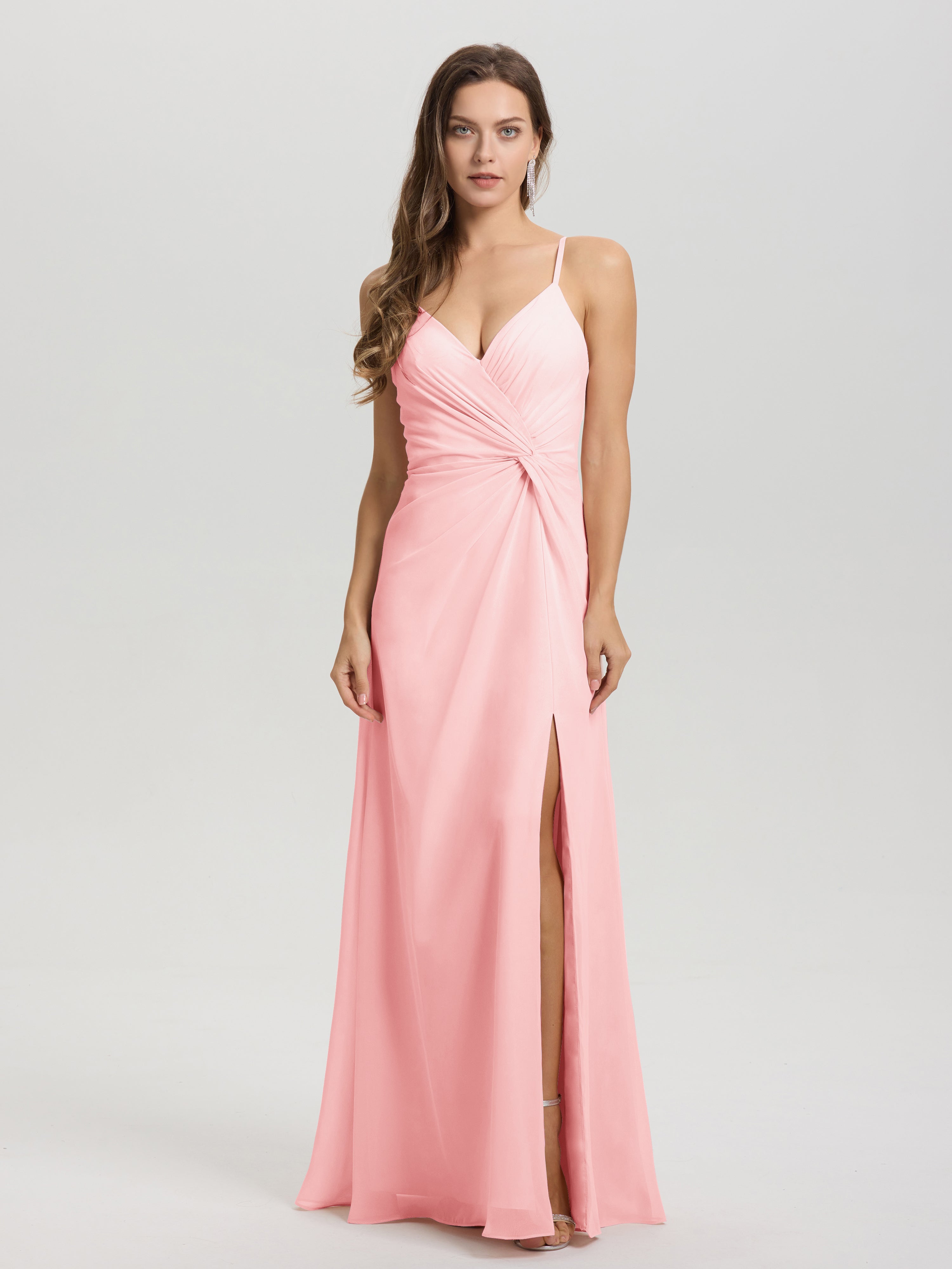 Robes De Demoiselle D'Honneur Rose Col V Fendue Trapèze Mousseline Robe Demoiselle D'Honneur Avec Plisée Devant