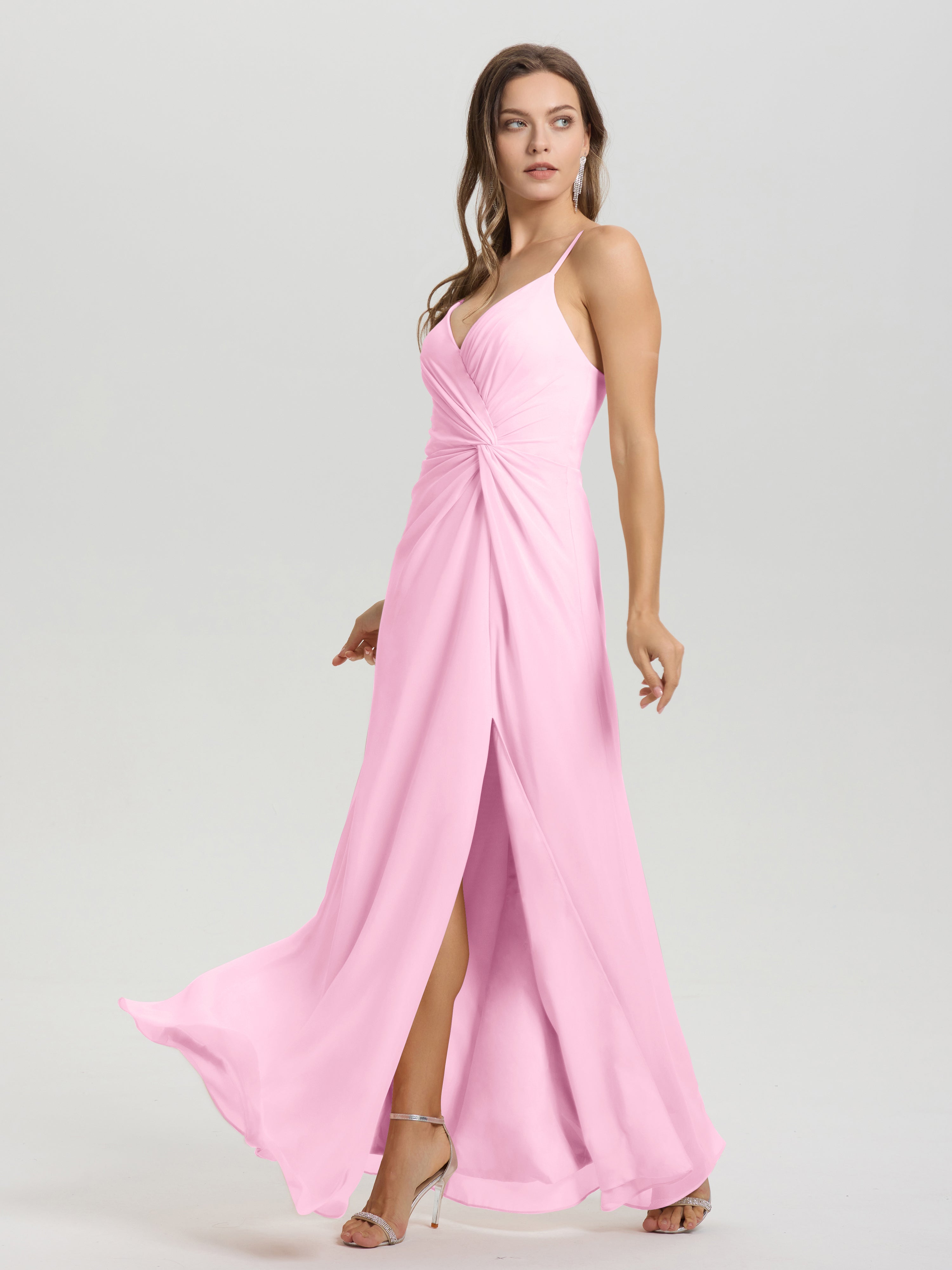 Robes De Demoiselle D'Honneur Rose Bonbon Col V Fendue Trapèze Mousseline Robe Demoiselle D'Honneur Avec Plisée Devant