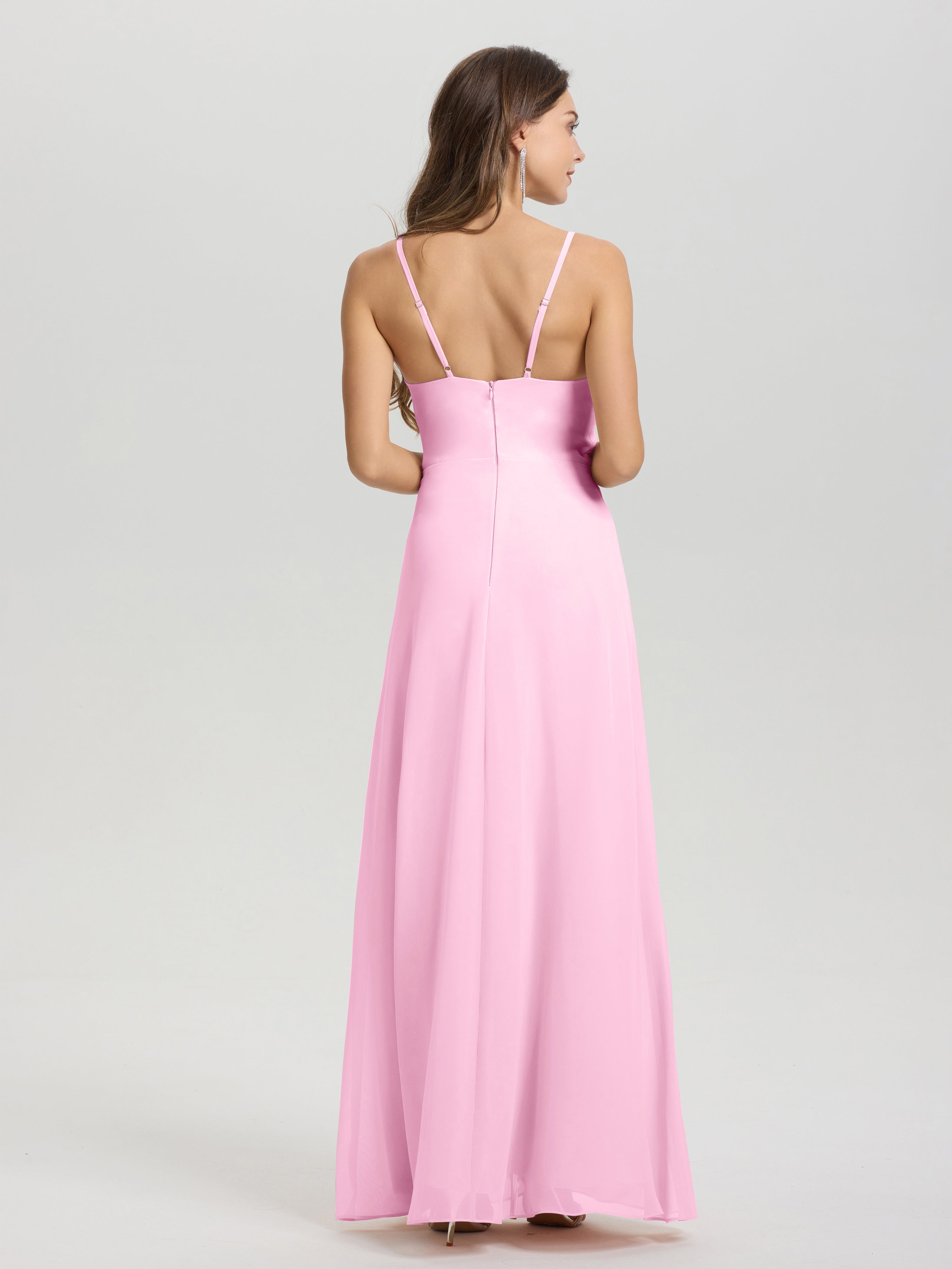 Robes De Demoiselle D'Honneur Rose Bonbon Col V Fendue Trapèze Mousseline Robe Demoiselle D'Honneur Avec Plisée Devant