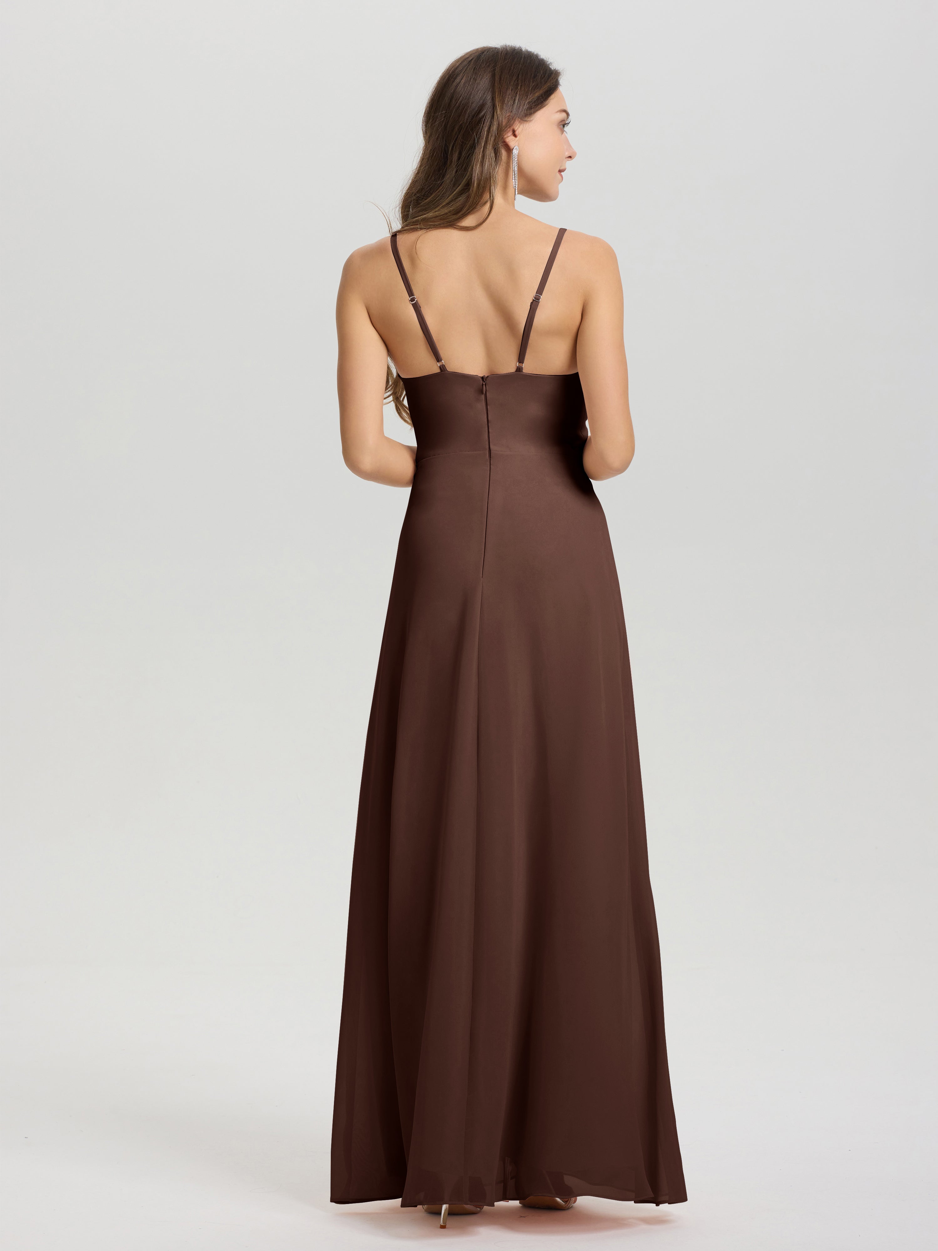 Robe Demoiselle D Honneur Marron Chocolat Col V Fendue Trapèze Mousseline Robe Demoiselle D'Honneur Avec Plisée Devant