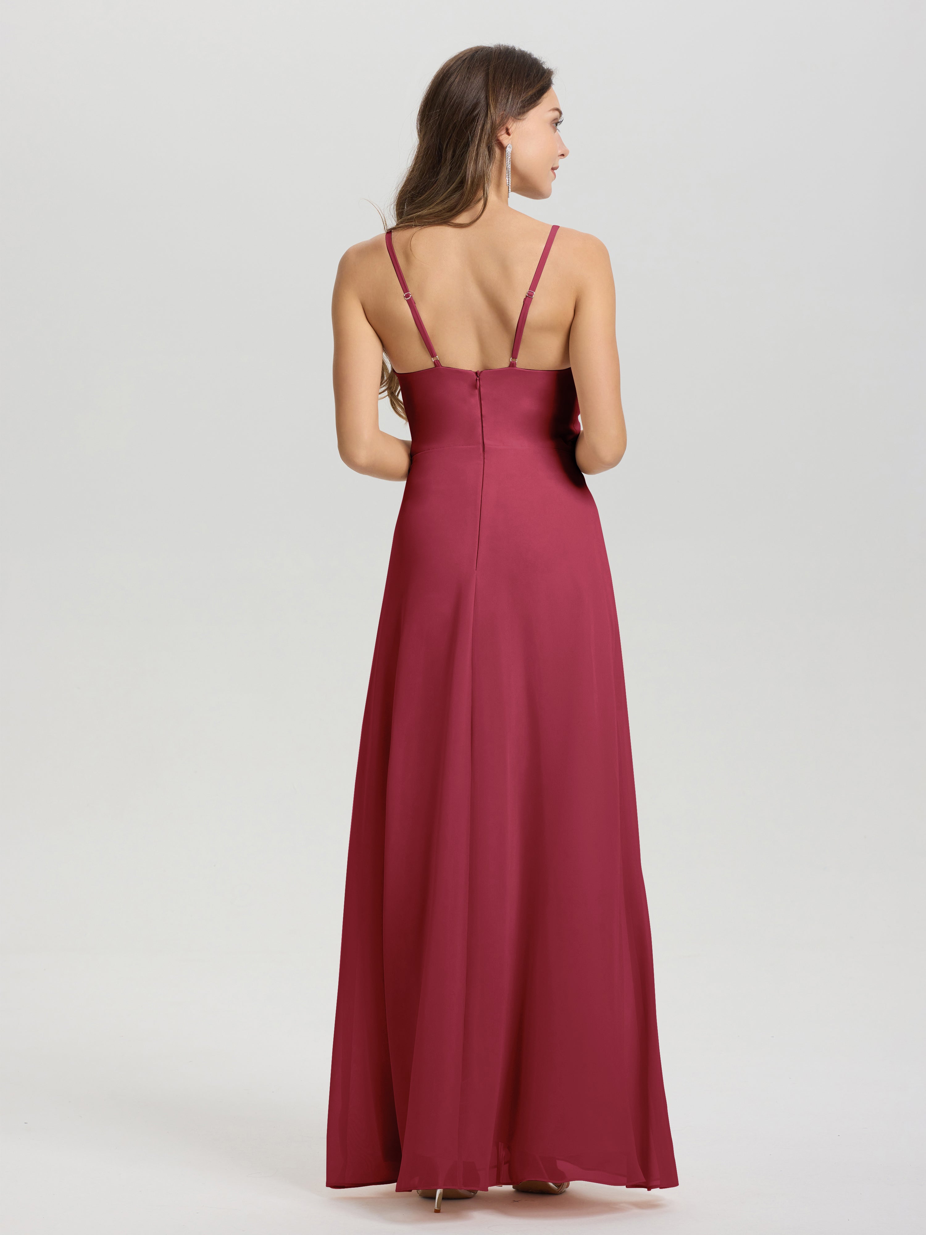 Robes De Demoiselle D'Honneur Rose Cannelle Col V Fendue Trapèze Mousseline Robe Demoiselle D'Honneur Avec Plisée Devant